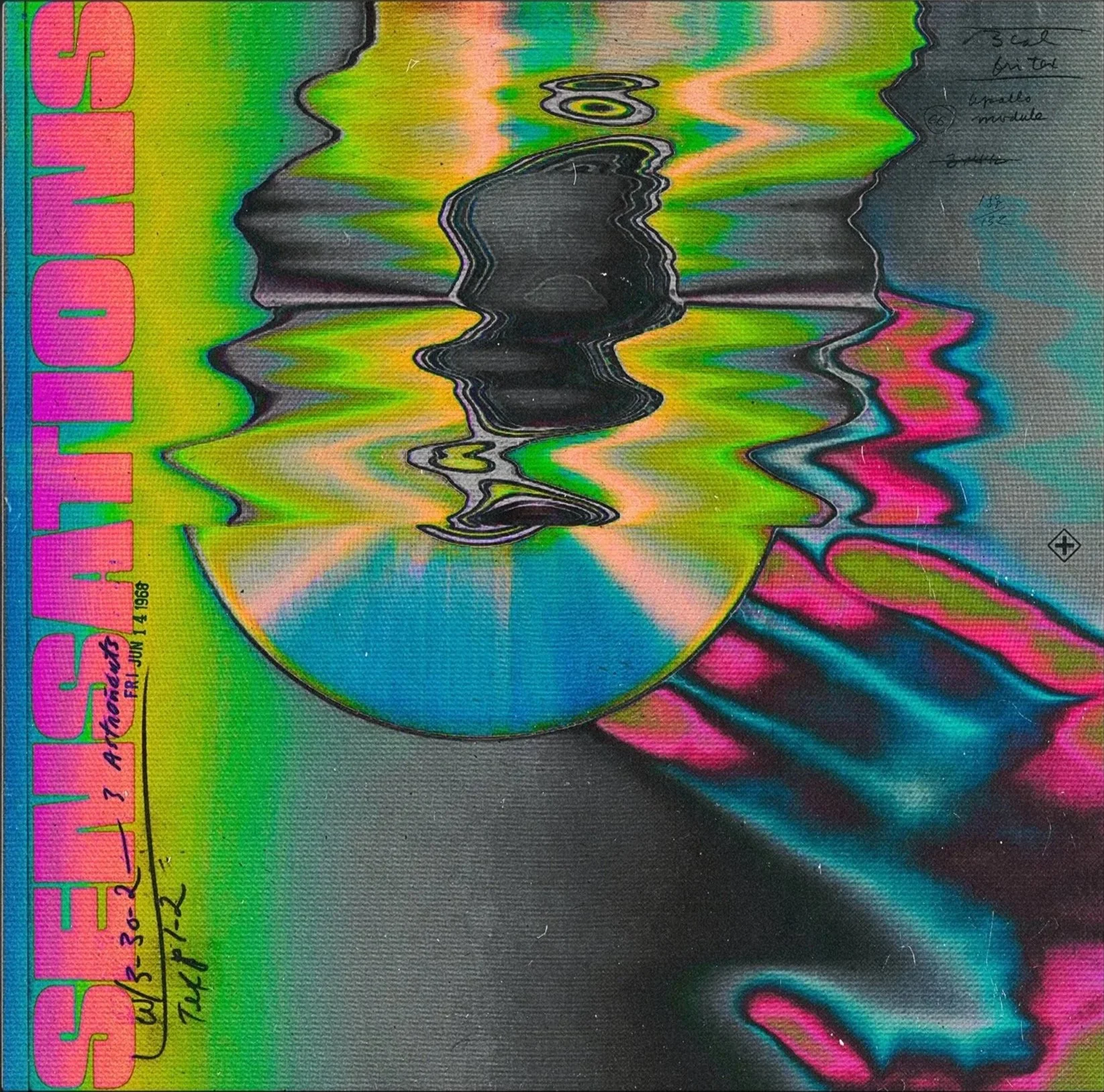 Colorful, distorted TV screen image with black, pink, yellow, green, and blue waves, and handwritten notes on the right side.