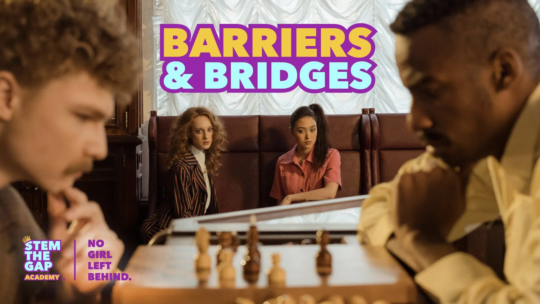 Two men playing chess across a board, representing the male dominated culture that women continue to challenge in chess and STEM.