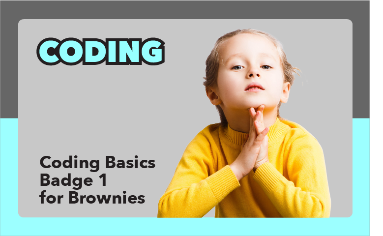 Confident Girl Scout Brownie representing the Coding Basics badge and learning how programmers write computer instructions.