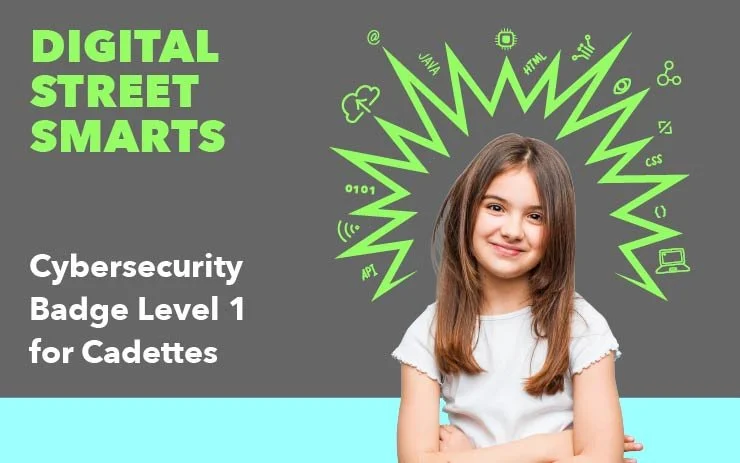 Girl Scout Cadette confidently representing the Cybersecurity Basics badge and exploring cyber safety and data protection.