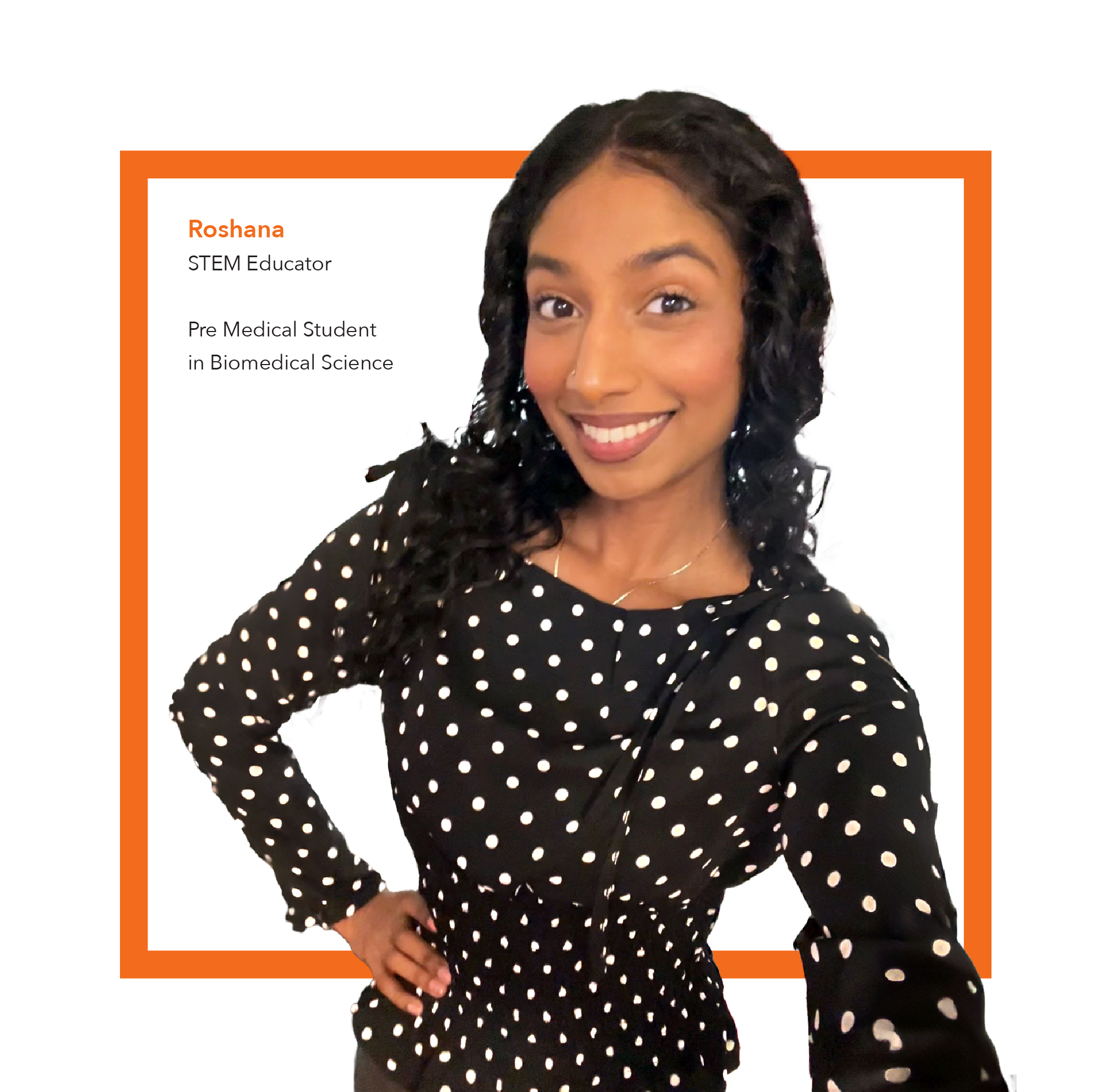 A woman with curly black hair, smiling, wearing a black dress with white polka dots, standing in front of an orange and black background.