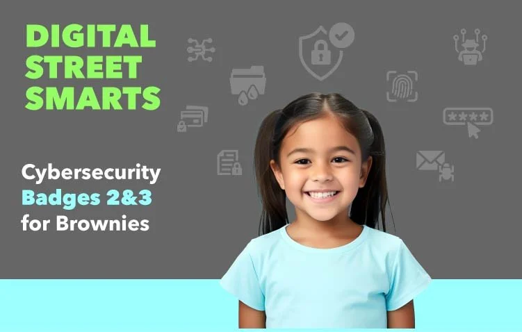 Confident Girl Scout Brownie representing Cybersecurity Badges 2 and 3 and learning online safety and digital security.