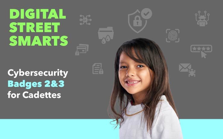 Confident Girl Scout Cadette representing Cybersecurity Badges 2 and 3 and learning to protect personal data and investigate cyber threats.