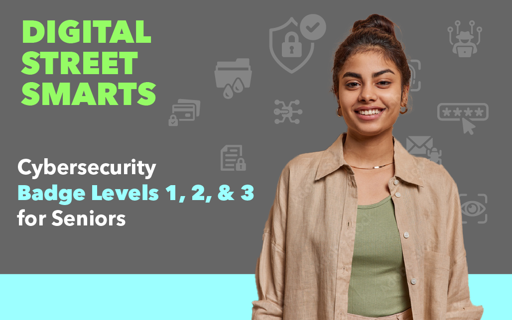 Happy teen Girl Scout Senior standing confidently representing Cybersecurity Badges 1, 2 and 3 and digital security skills.