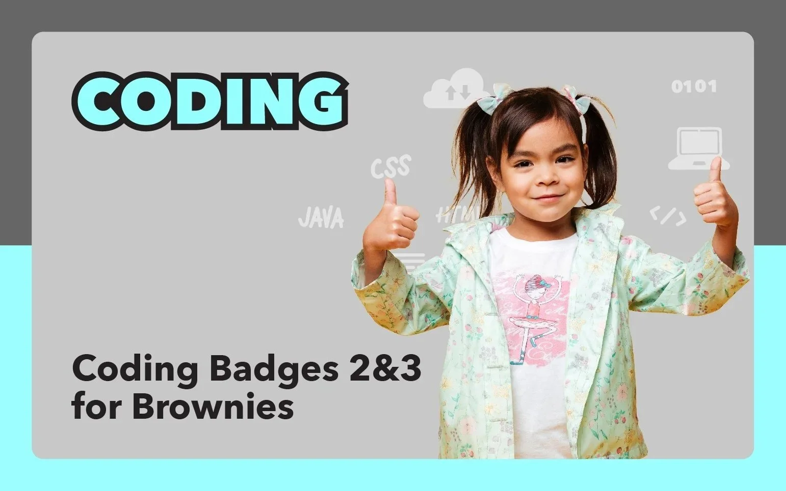 Young Girl Scout Brownie giving two thumbs up representing Digital Game Design and App Development coding badges.