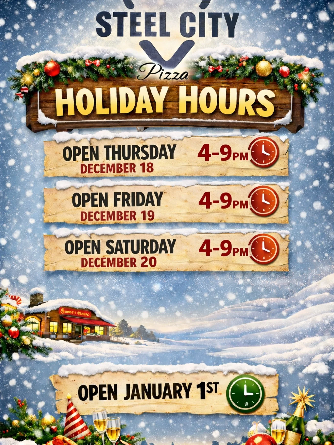 As a small business and restaurant, we have one team&mdash;and we all agree that family comes first. ❤️
We&rsquo;ll be open Thursday, Friday, and Saturday from 4&ndash;9pm, then take a short holiday break and reopen on New Year&rsquo;s Day!

Thanks f