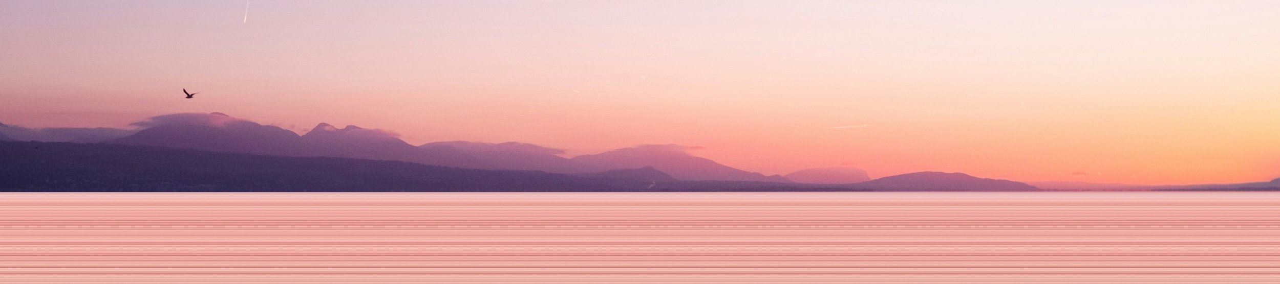 Pink and purple sunset over mountains with a bird flying in the sky over a body of water.