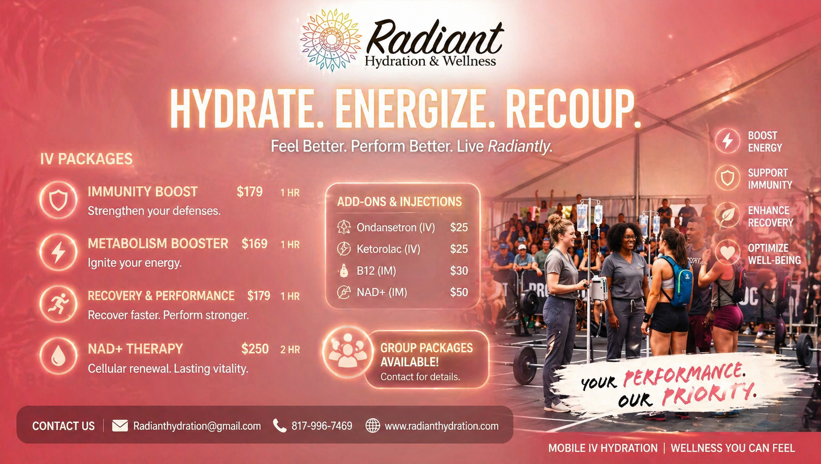 Radiant hydration and wellness Fitness services that work perfectly for those attempting peak athletic form. Drips like Immunity boost, metabolism booster, recovery and performance, as well as NAD+ Boost energy , support Immunity, enhance recovery,