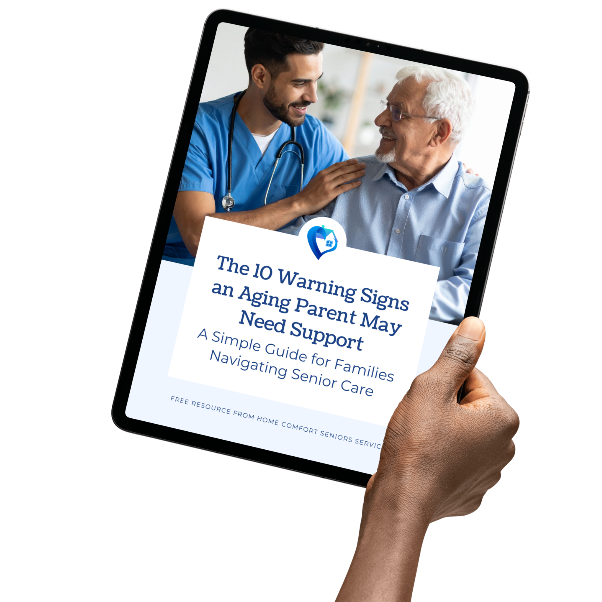 A Home Comfort Seniors PSW providing support to a senior, as seen on the cover of our free guide: '10 Warning Signs An Aging Parent Might Need Help
