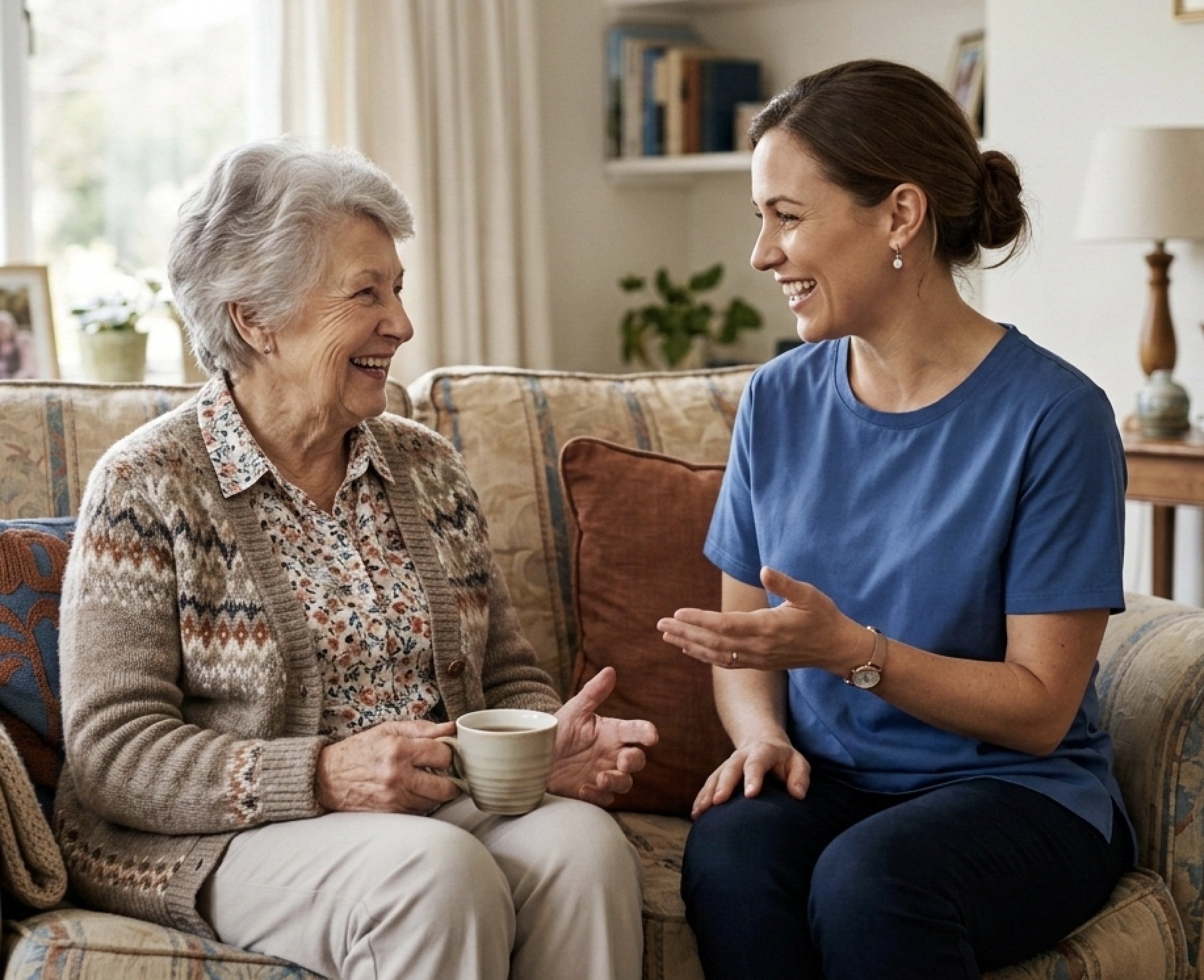 Two women, an elderly woman with gray hair and a younger woman in blue scrubs, smiling and talking while sitting on a sofa in a cozy living room.