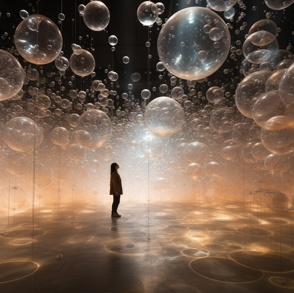 A person standing in an art installation with hanging transparent bubbles of various sizes, reflecting light and creating a glowing floor effect.