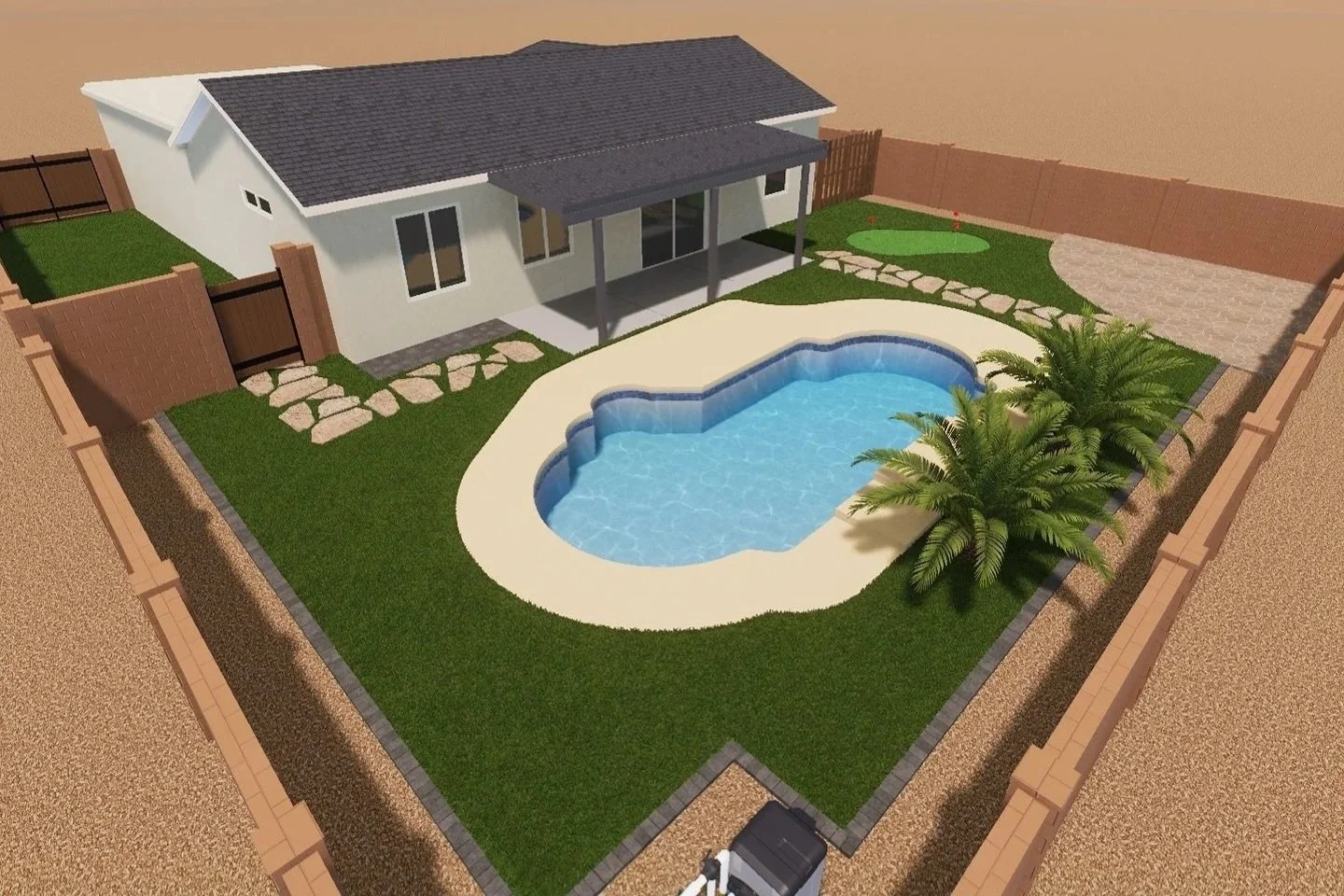 Before | 3D Design into a Turf, Putting Green, Travertine, Paver Border & Tree Planting project.