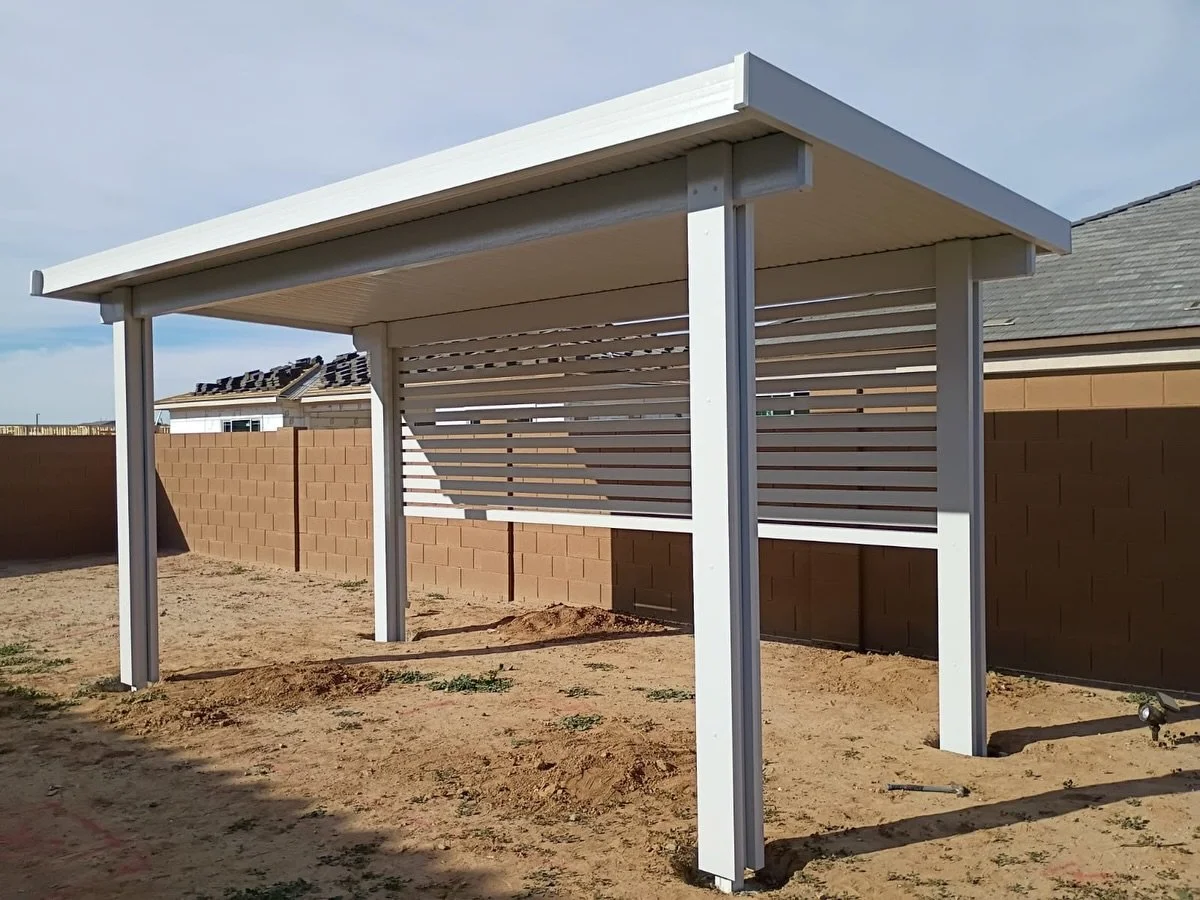 White Pergola installation at this new build construction home before a full backyard project by Better Life Landscape & Design near Queen Creek, AZ