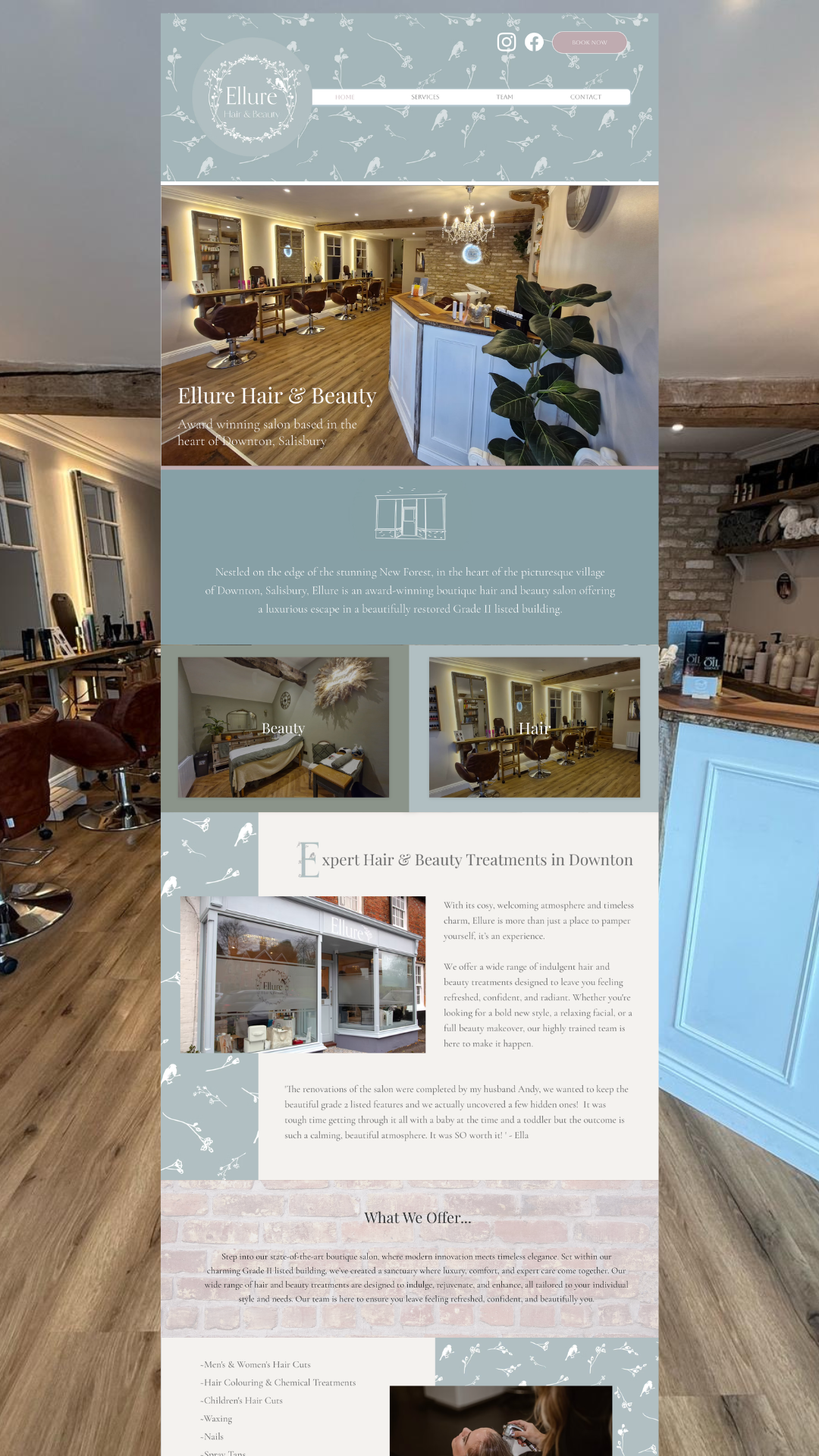 Interior of Ellure Hair & Beauty salon with styling chairs, reception desk, chandelier, and decor, featuring a website overlay with salon information and images of treatments.