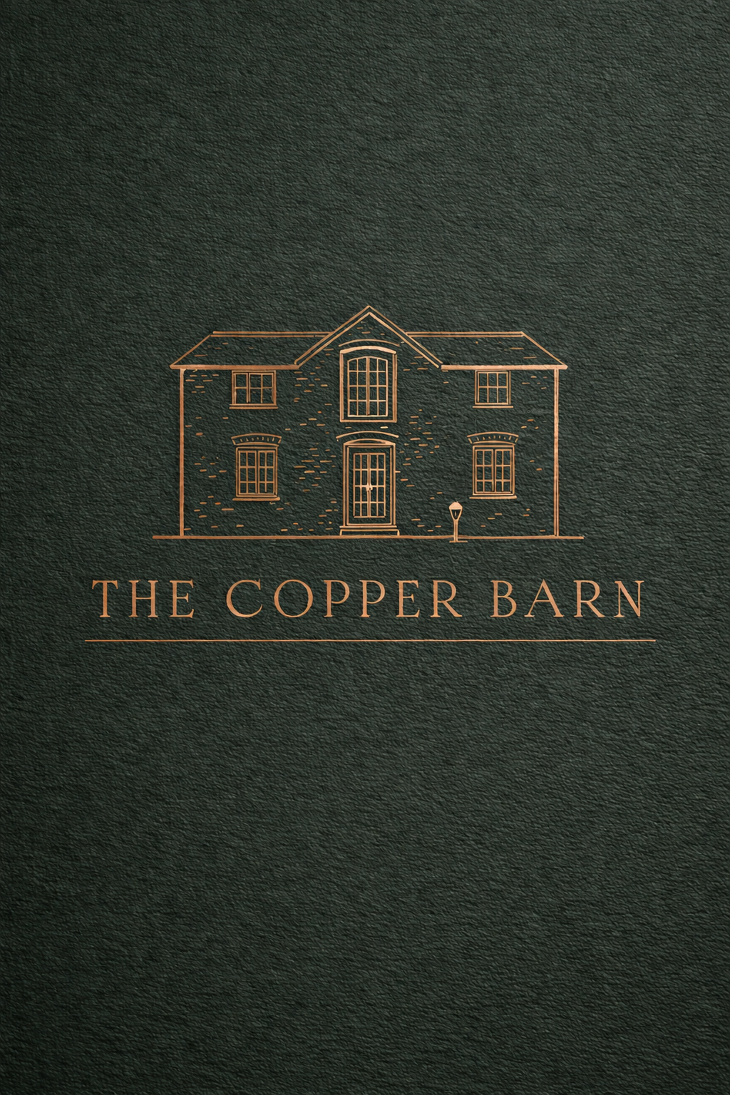 Illustration of a house with the text 'The Copper Barn' below it, all on a dark textured background.