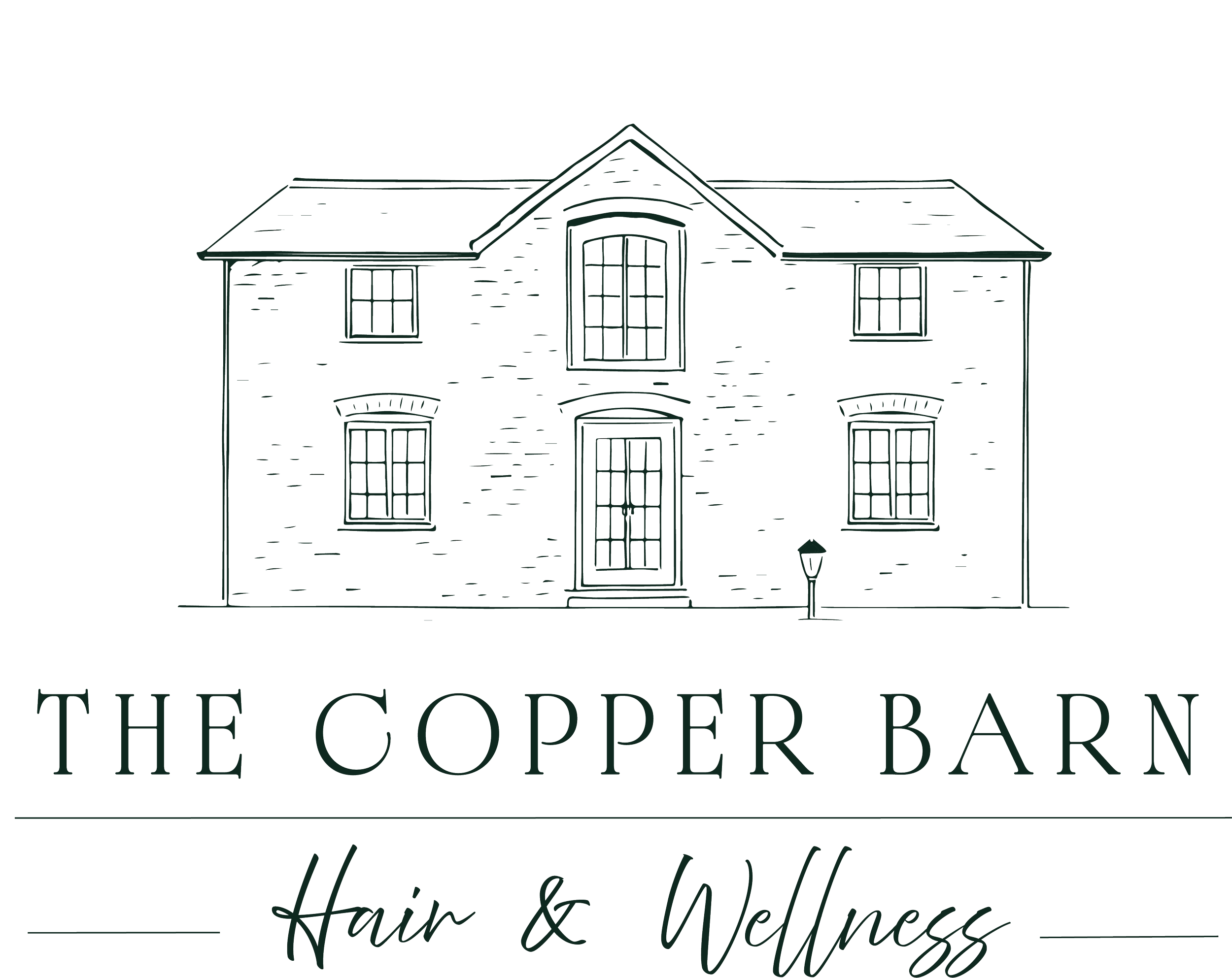 Line drawing of a two-story house with a gabled roof, central front door, five windows, and a lamp post outside. Logo for 'The Copper Barn Hair & Wellness' below.