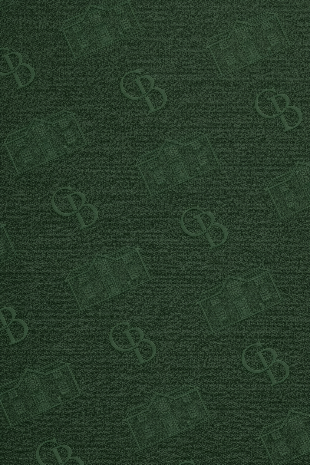 Close-up of a dark green textured material featuring a repeated pattern of a house outline and interlocking dollar signs.