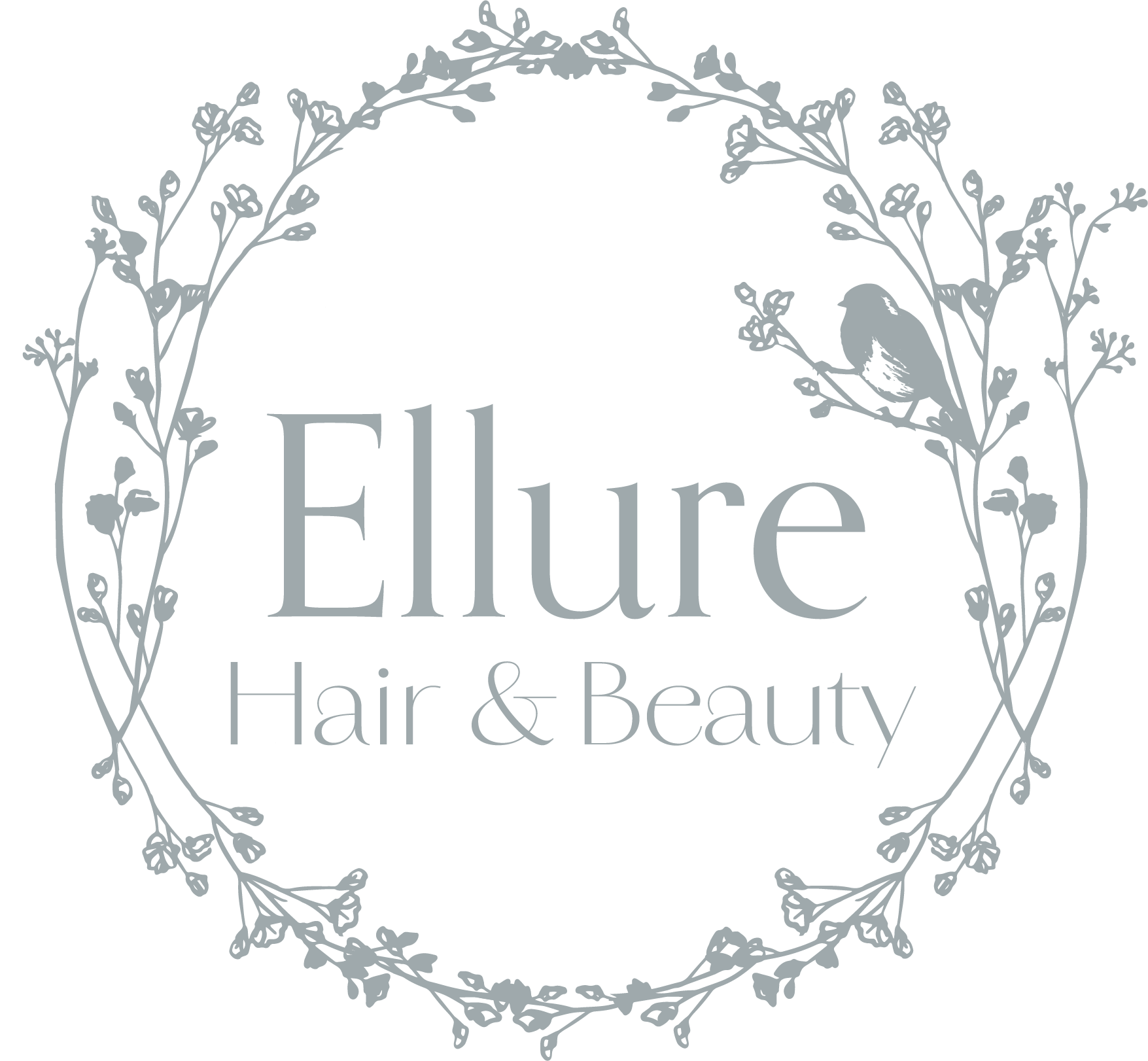 Logo for Ellure Hair & Beauty featuring a gray wreath of floral branches and a bird, with the name 'Ellure' in large font and 'Hair & Beauty' below in smaller font.
