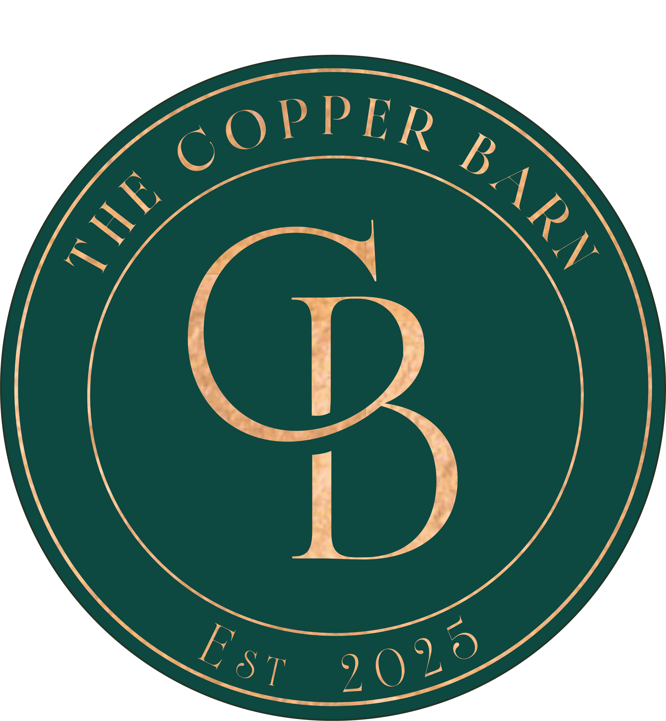 Logo for The Copper Barn, established 2025, with a dark green background and gold lettering and border.