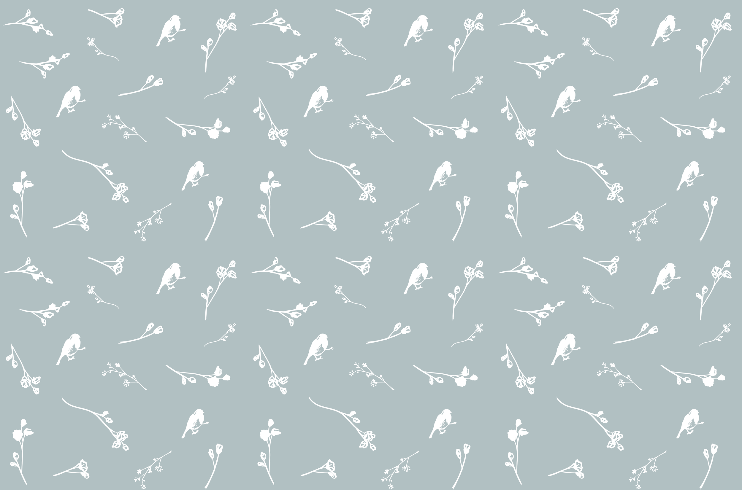 A seamless pattern of white line drawings of small birds and delicate flowering branches on a muted gray background.