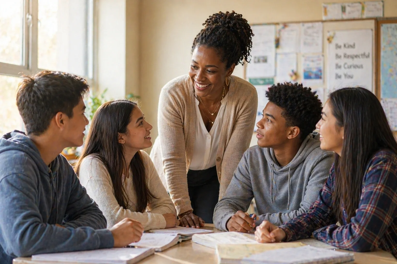 African American teacher explaining concepts to teen students in a classroom