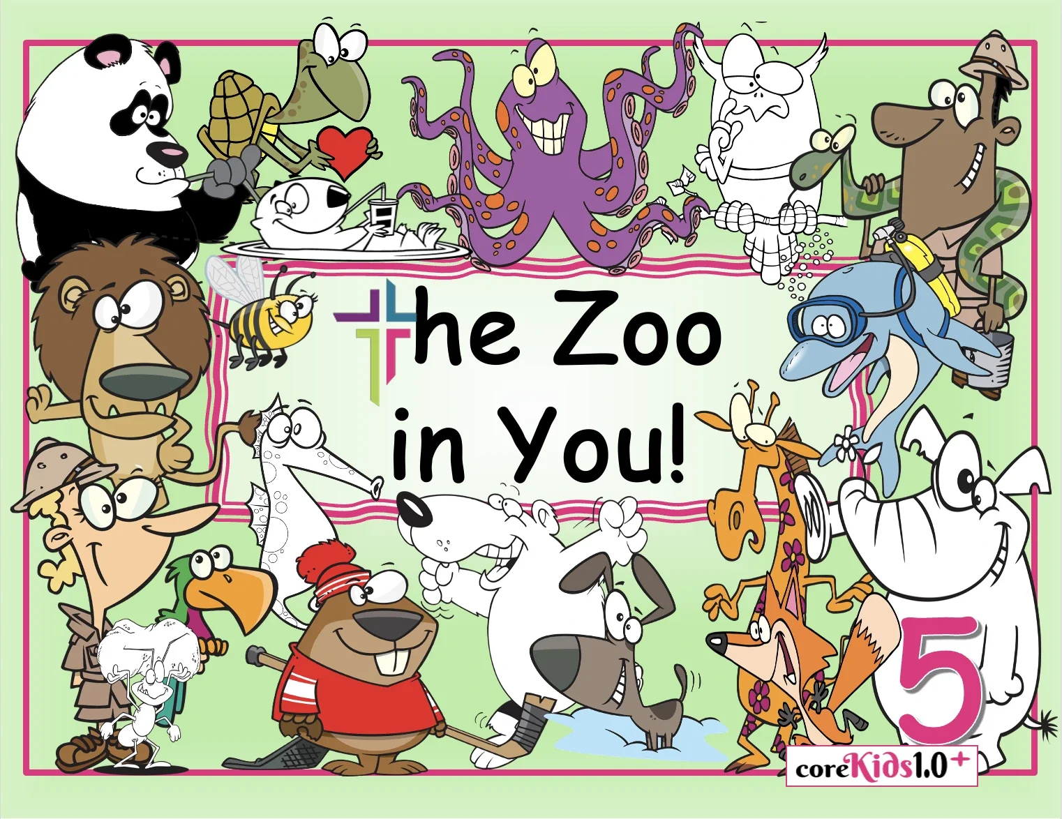 Colorful illustration of various cartoon animals and characters around a central text that reads 'the Zoo in You! 5'. The animals include a panda, turtle, octopus, penguin, lion, bee, zebra, dog, fox, and many others, all smiling and engaging in different activities.