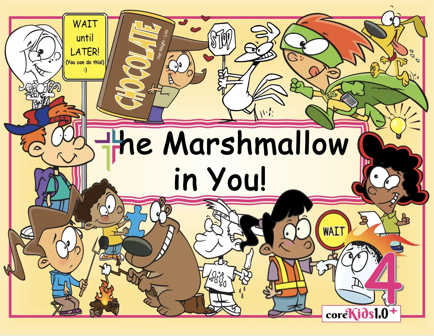 Colorful children's book cover titled "The Marshmallow in You!" featuring cartoon characters including kids, animals, and food characters, with some holding signs and toys.