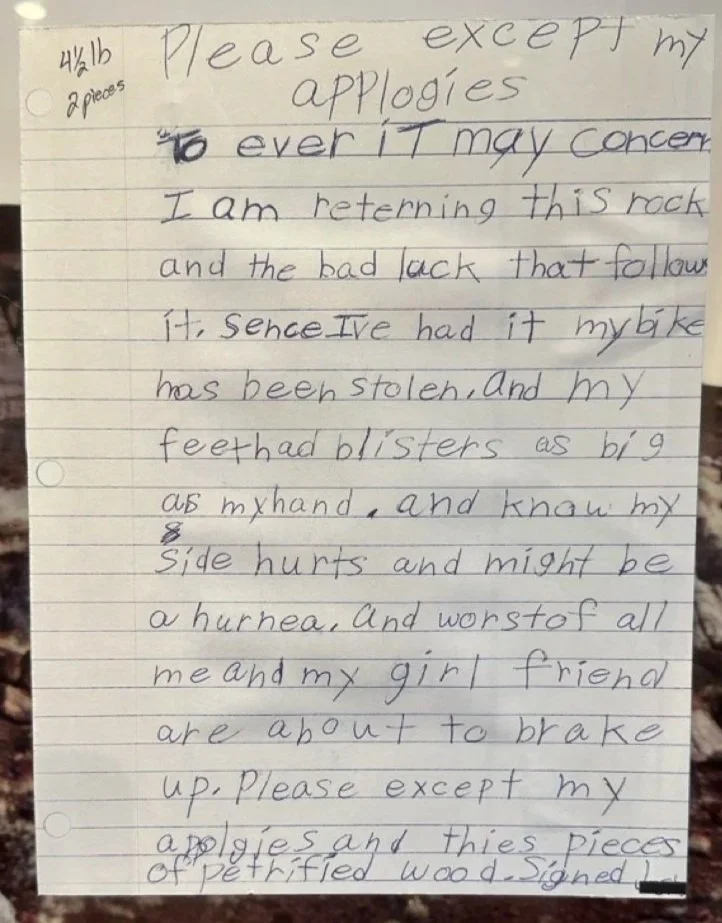 33 - The park makes it abundantly clear that stealing petrified pieces of wood is a no-no.  This note shows how stealing can lead to some pretty bad luck.