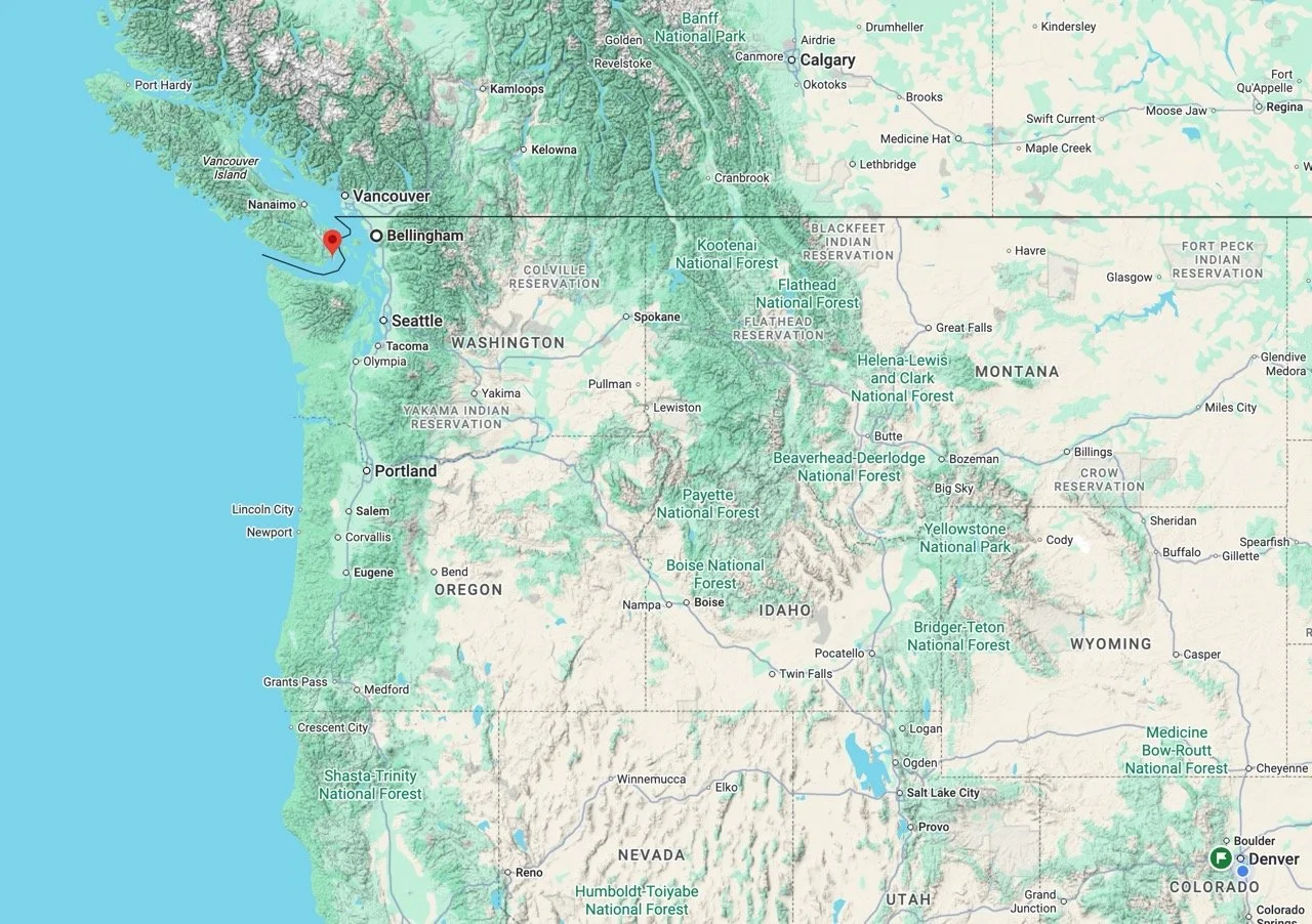 01 - We flew to Seattle, Washington, boarded a train, and Steve and Allison picked us up at a station north of Seattle. On this map, you can see Vancouver Island to the west of Bellingham.  Victoria is marked with the red pin, and is (surprisingly) s