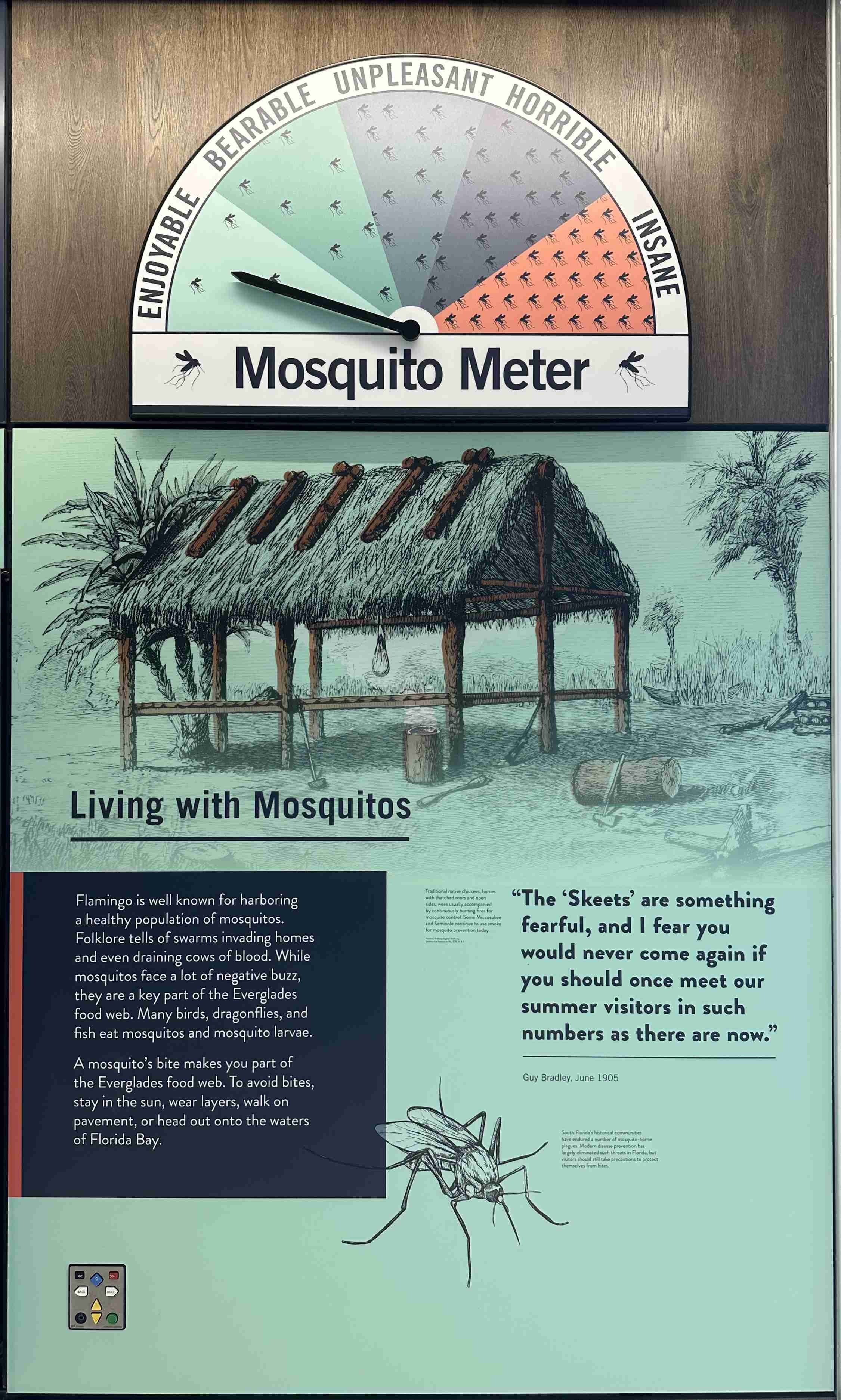 74 - This sign, which we saw in the Visitor Center, also made us happy -- happy that the weather was nice and chilly.  We actually saw mosquito suits and hats for sale to protect people from those nasty creatures.  What a nightmare it would be to be 