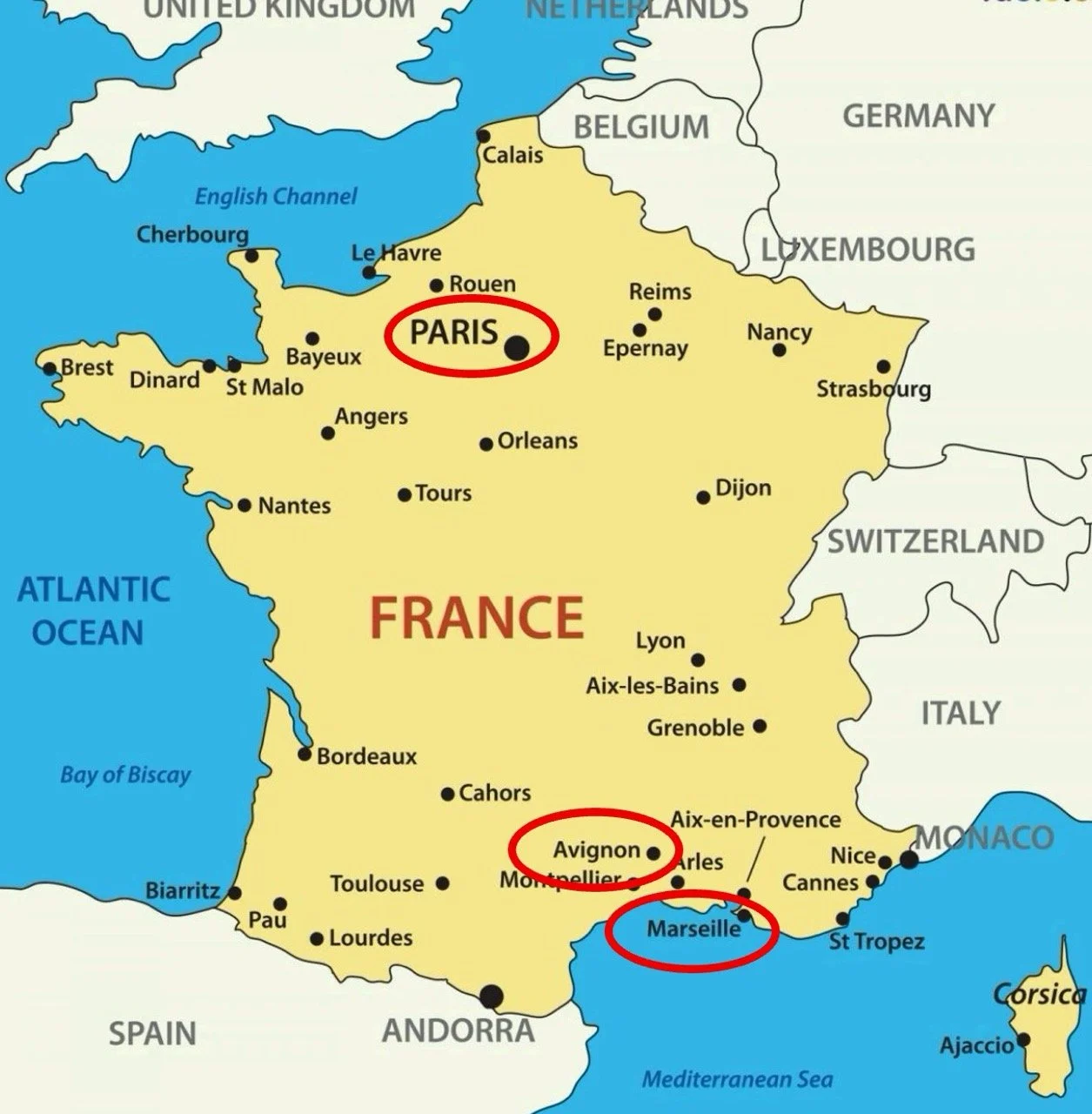 01 - The French cities that we visited.  It's about 475 miles from Paris to the Marseille/Avignon area. 