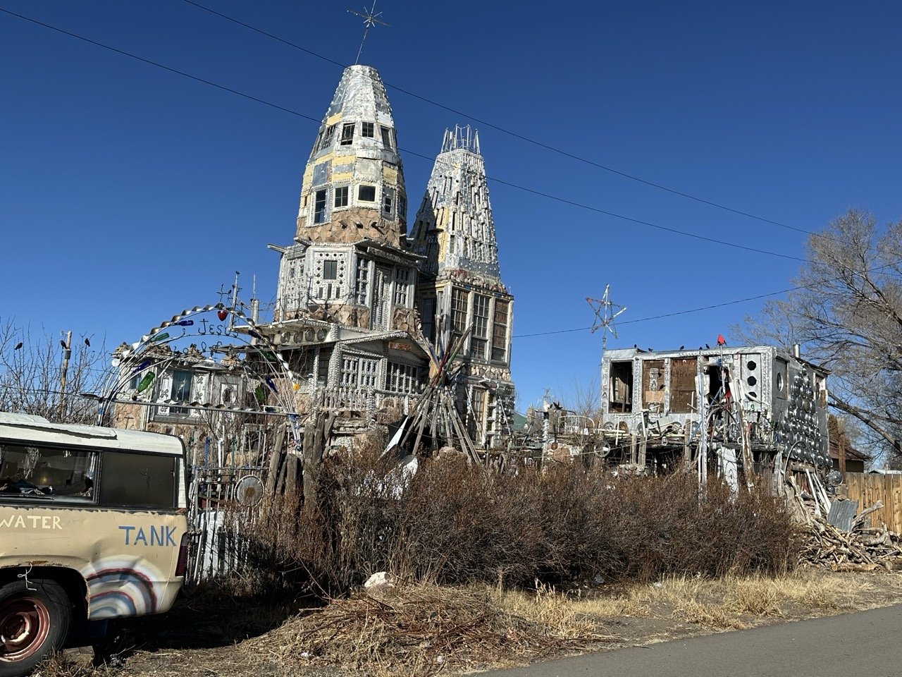 41 - We stumbled upon this monstrosity in the small hamlet of Antonito, New Mexico.  "Cano's Castle" a massive, eclectic folk-art structure made from beer cans, hubcaps, and tires. Glad we live in a neighborhood with restrictive covenants!