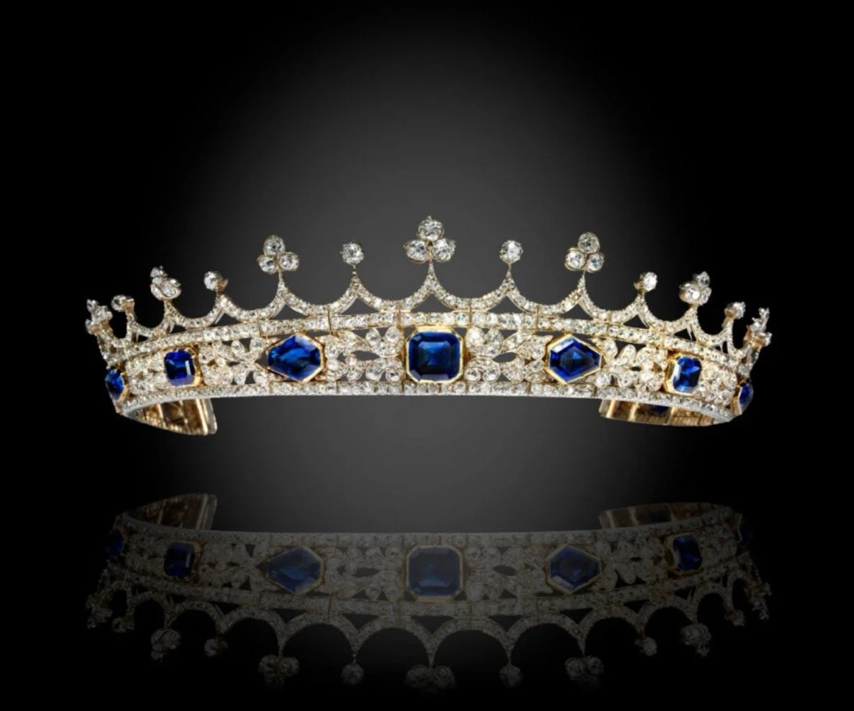 13 - One of Queen Victoria's most treasured jewels, the sapphire and diamond tiara was designed for her by Prince Albert in 1840 –- the royal couple's wedding year.