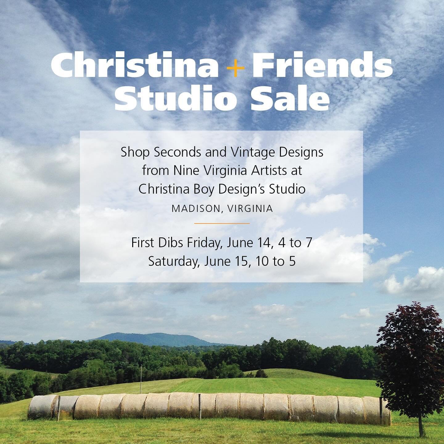 Save the Date!!

Shop vintage designs, prototypes, and stellar seconds at the Christina + Friends Studio Sale in Madison, VA. 

Get first dibs on Friday, June 14, 4-7pm; or shop all day Saturday, June 15, 10am-5pm

Hope to see you there!!
