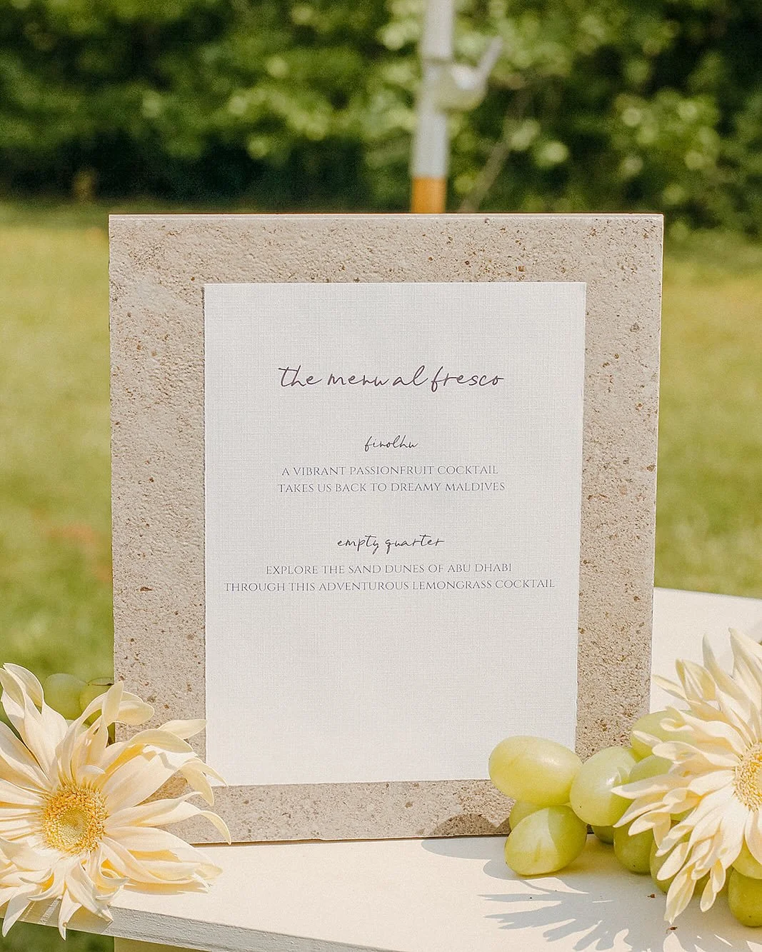 Every sip tells a story! For our baby shower, we crafted cocktails inspired by our travels to the Maldives and Empty Quarter in Abu Dhabi, infused with vibrant flavors of lemongrass and passion fruit. The cocktails perfectly complemented our al fresc