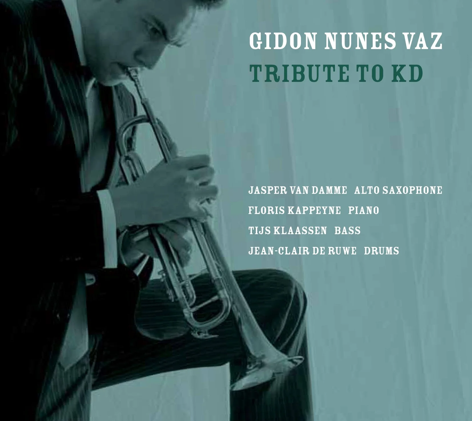 A person playing alto saxophone, with text overlay that reads "GIDON NUNES VAZ TRIBUTE TO KD," and a list of musicians: Jasper Van Damme, Floris Kappeyne, Tijs Klaassen, Jean-Clair De Ruwe.