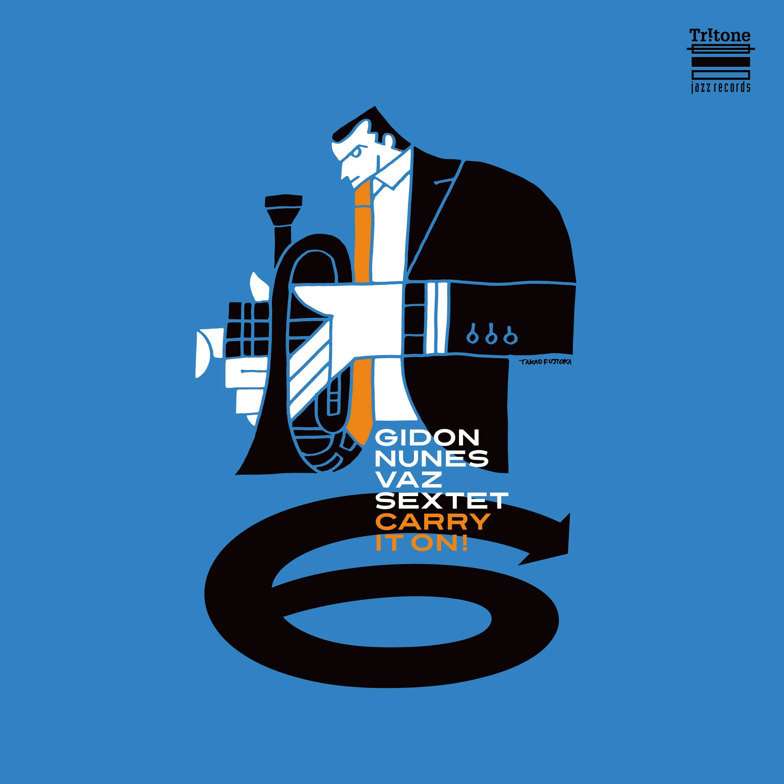 An abstract illustration of a jazz musician playing a saxophone against a blue background, with the text "GIDON NUNES VAZ SEXTET CARRY IT ON!" and a small logo in the top right corner.