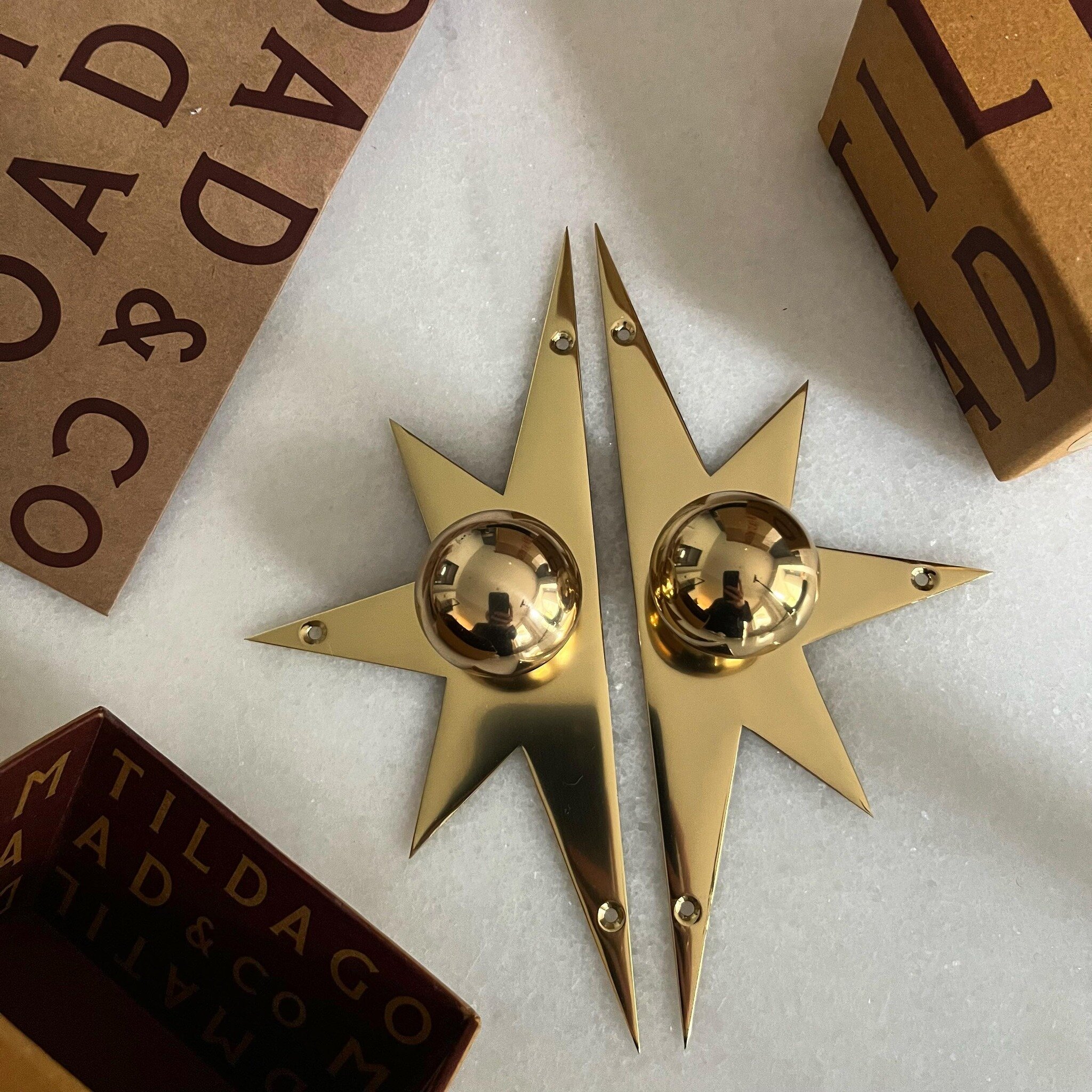 Because handles can be fun and beautiful!
We are loving these brass star backplates with brass knobs that have just arrived from @matildagoad 
They will be featured on the joinery at our Baker Street project, adding a playful element.

#hardware #sta