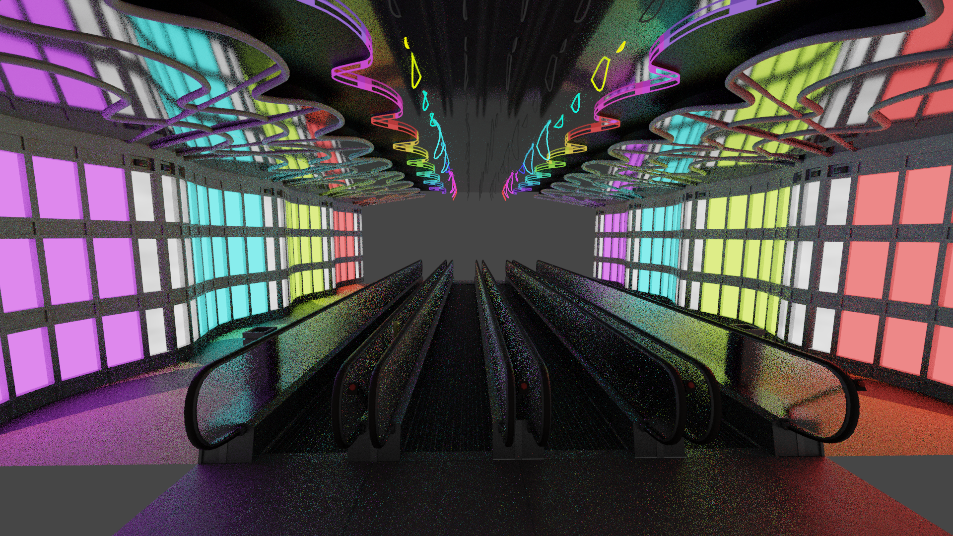 After walking through this tunnel between terminals at O'Hare Airport I wanted to see if I could use ray tracing to recreate the beautiful lighting effects.