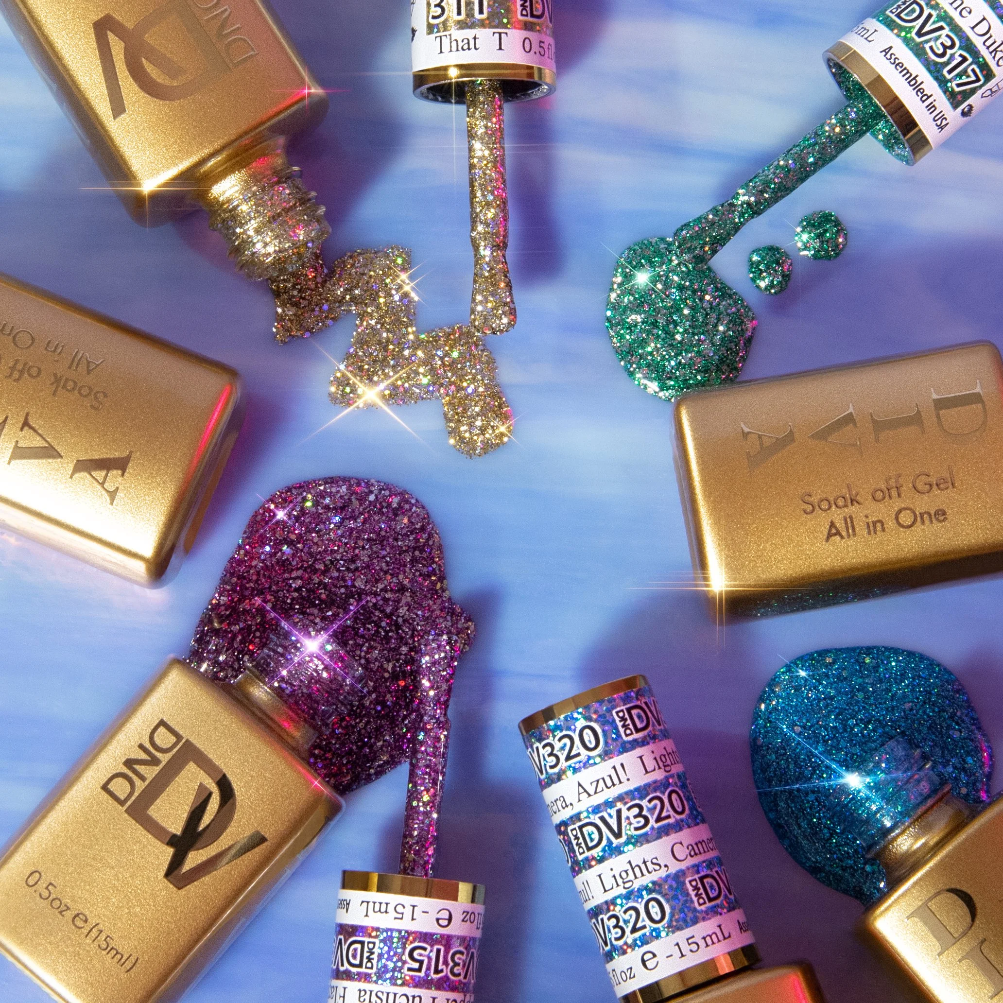 Up close nail polish shot of gel nail polish dripping to show collection color variety