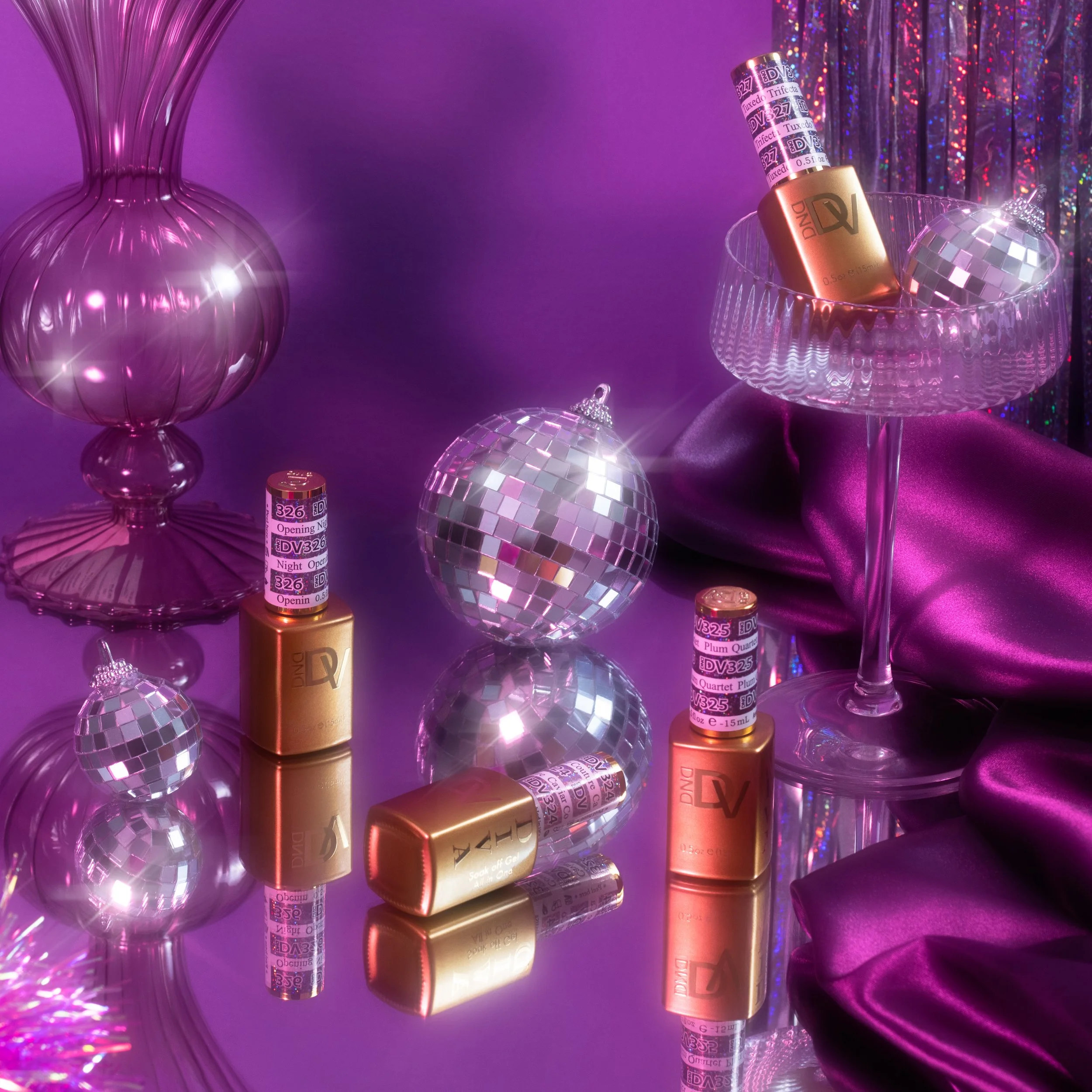 Juan Zabala photography campaign for DND Gel nail polish campaign on purple background and sparkles