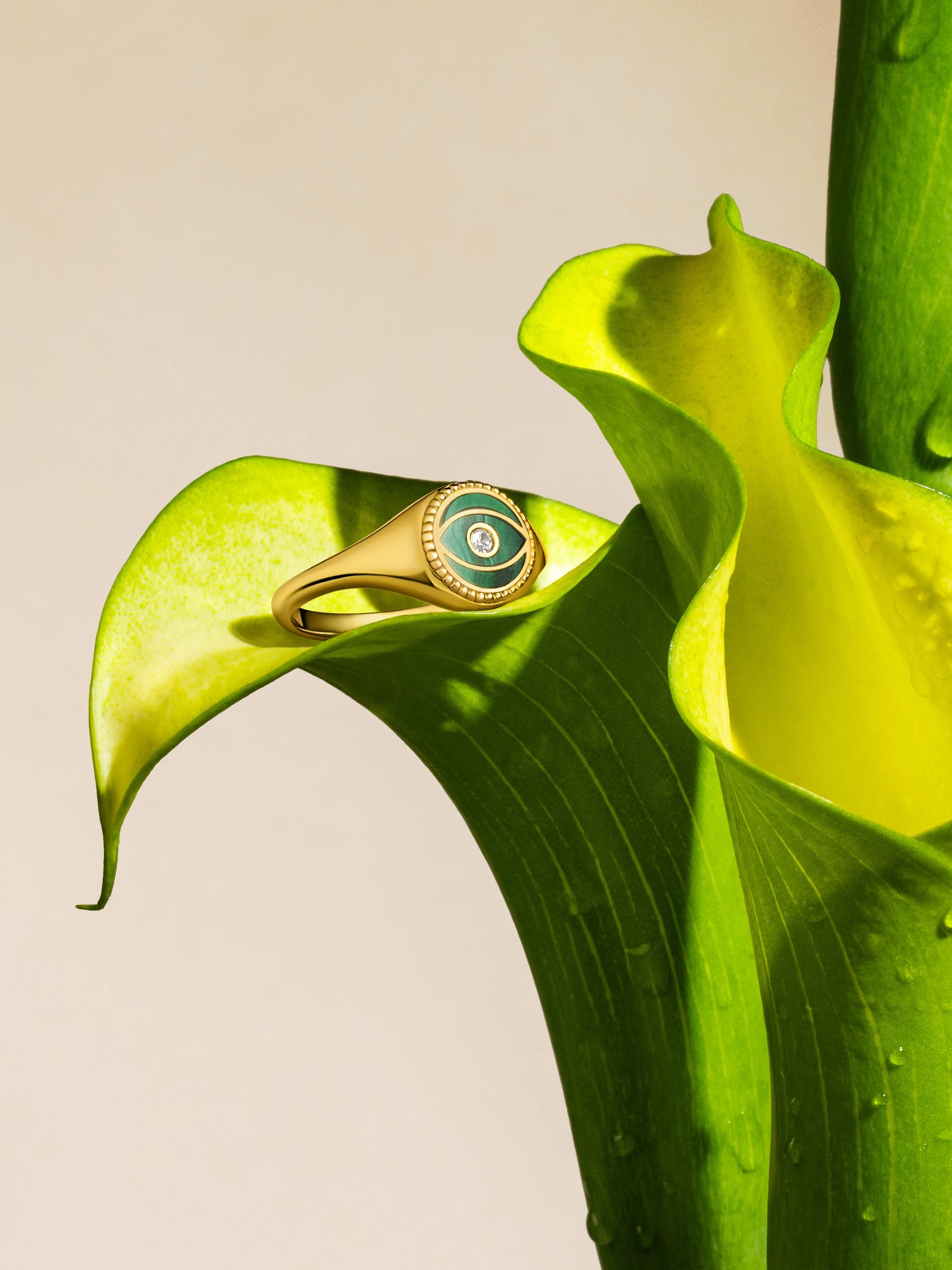 Up close jewelry macro shot of evil eye ring for Karma and Luck jewelry photography