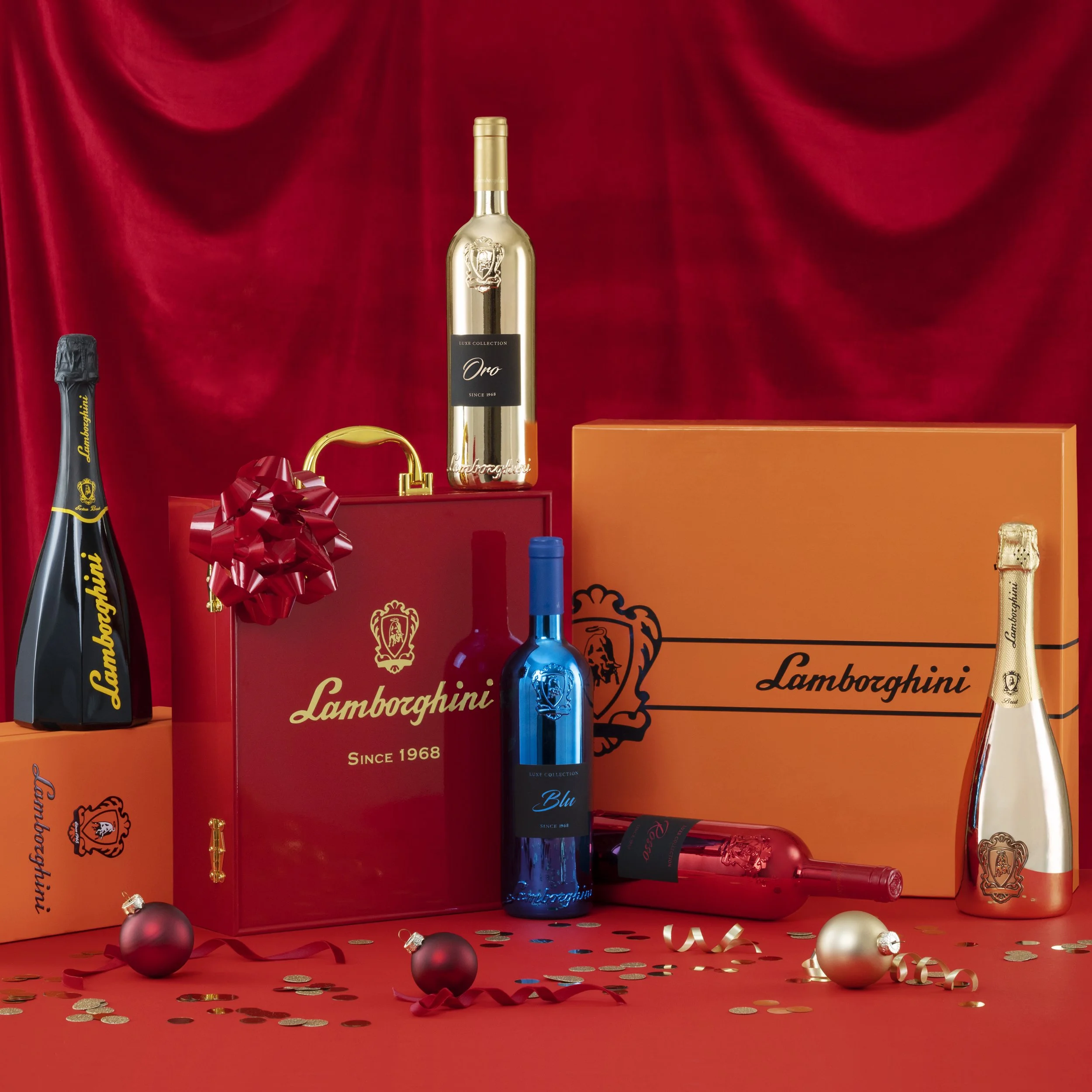 Lamborghini wine set for holidays with red velvet background holiday luxury theme photography 