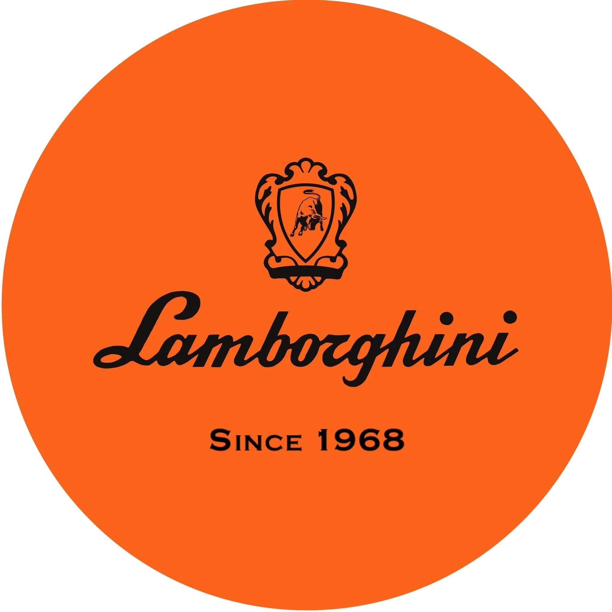 An orange circular logo featuring a crest with a bull and halo at the top, the word 'Lamborghini' in black cursive font, and 'Since 1968' in black text below.