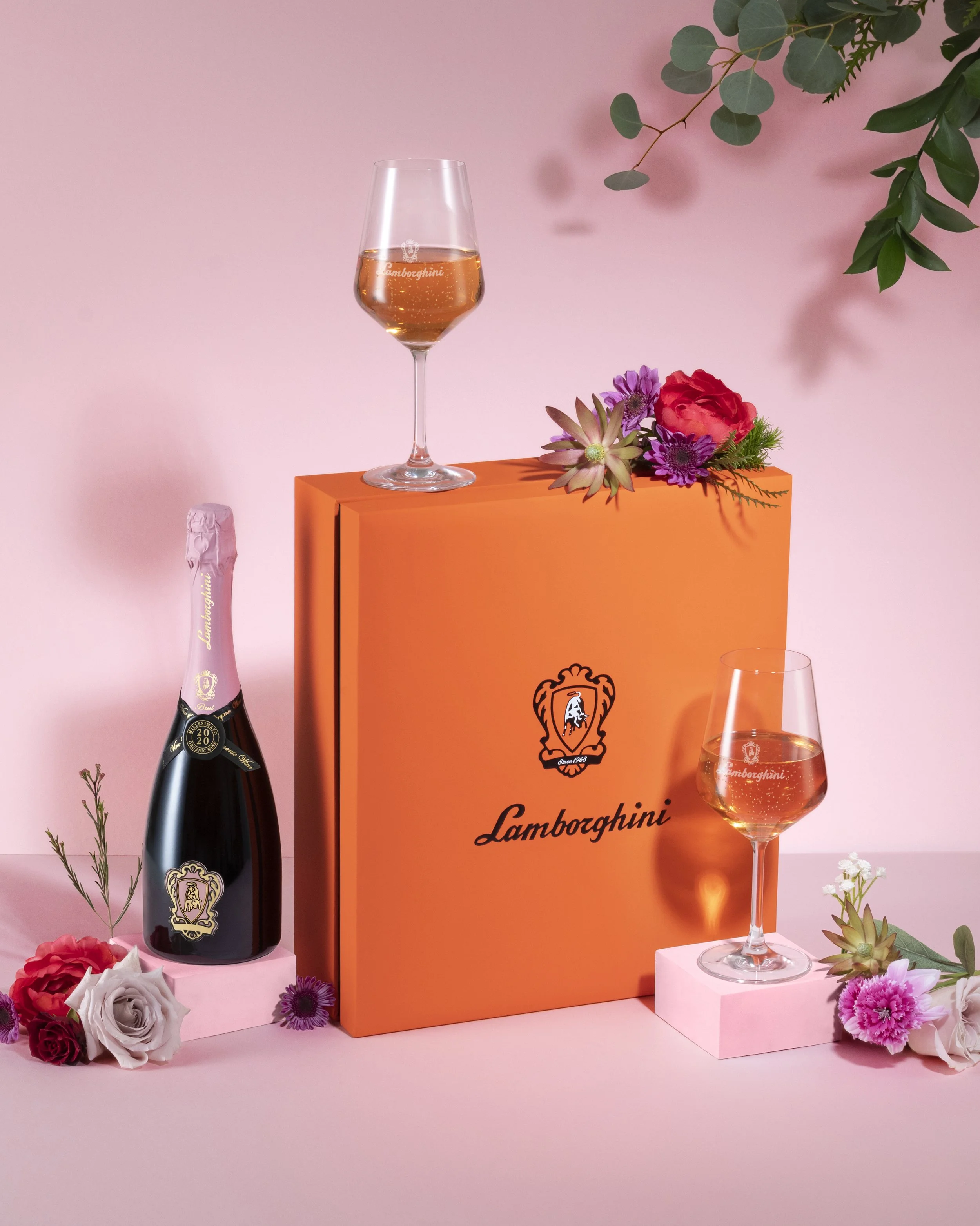 Pink set of Lamborghini with fresh flowers, roses to elevate photography