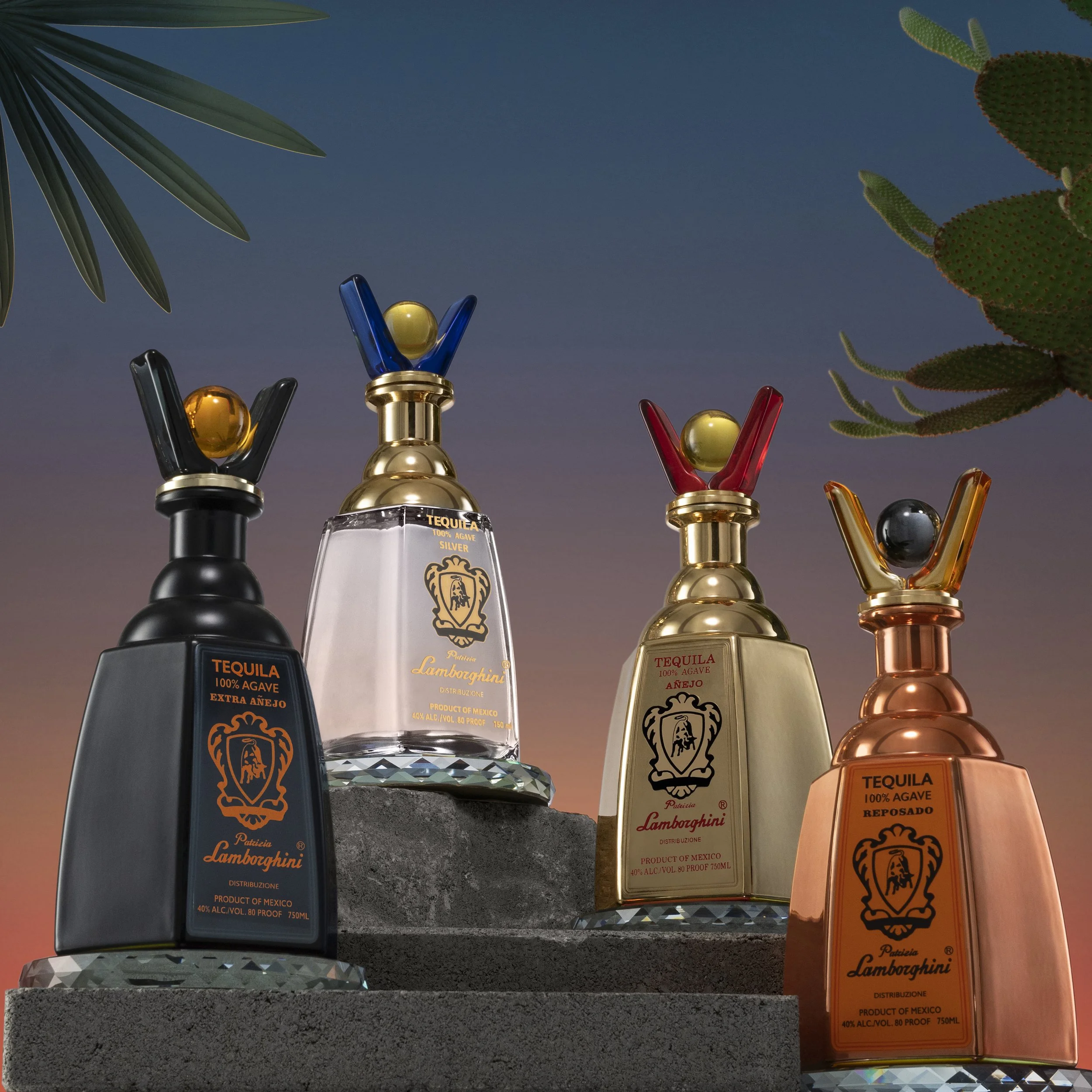 Four designer perfume bottles from Lamborghini, each with a different color cap, set on a stone platform with plants around them and a sunset sky in the background.