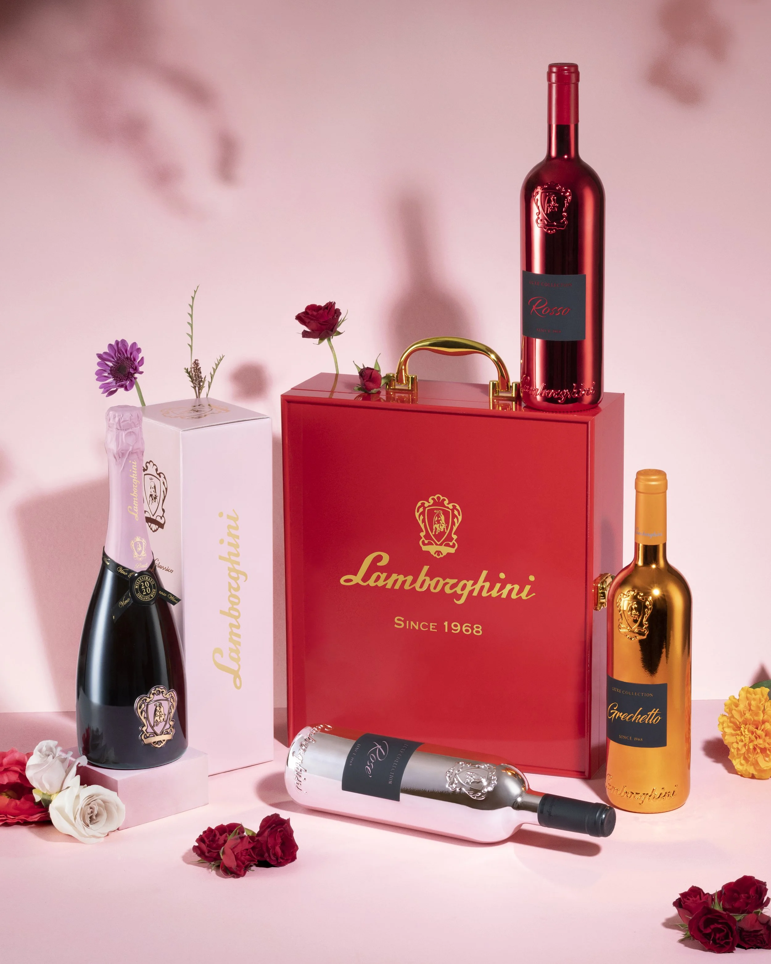 Valentine's Day campaign with Lamborghini pink background, roses and premium wine photography