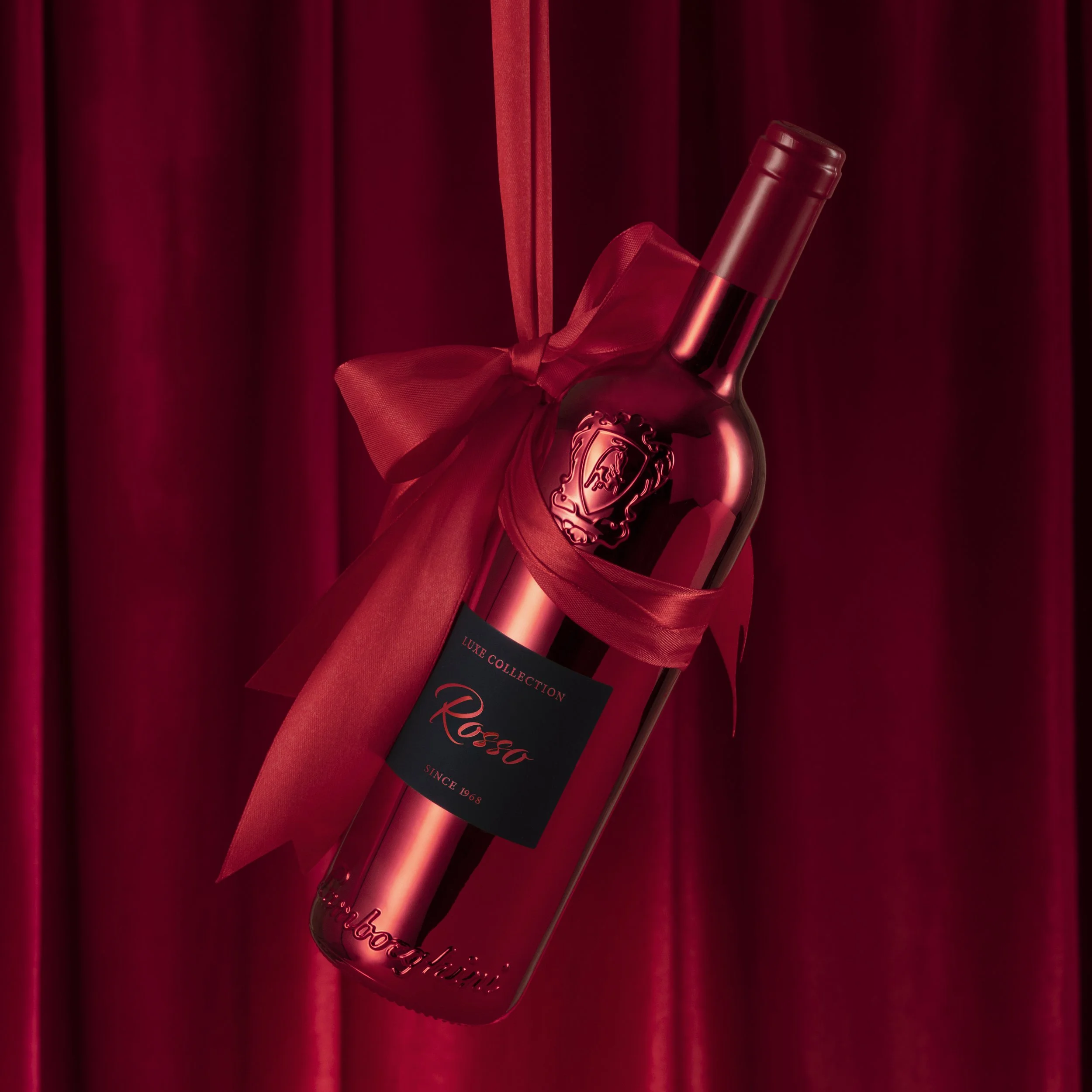 Red ribbon tied Lamborghini wine as an ornament product photography for website and paid media