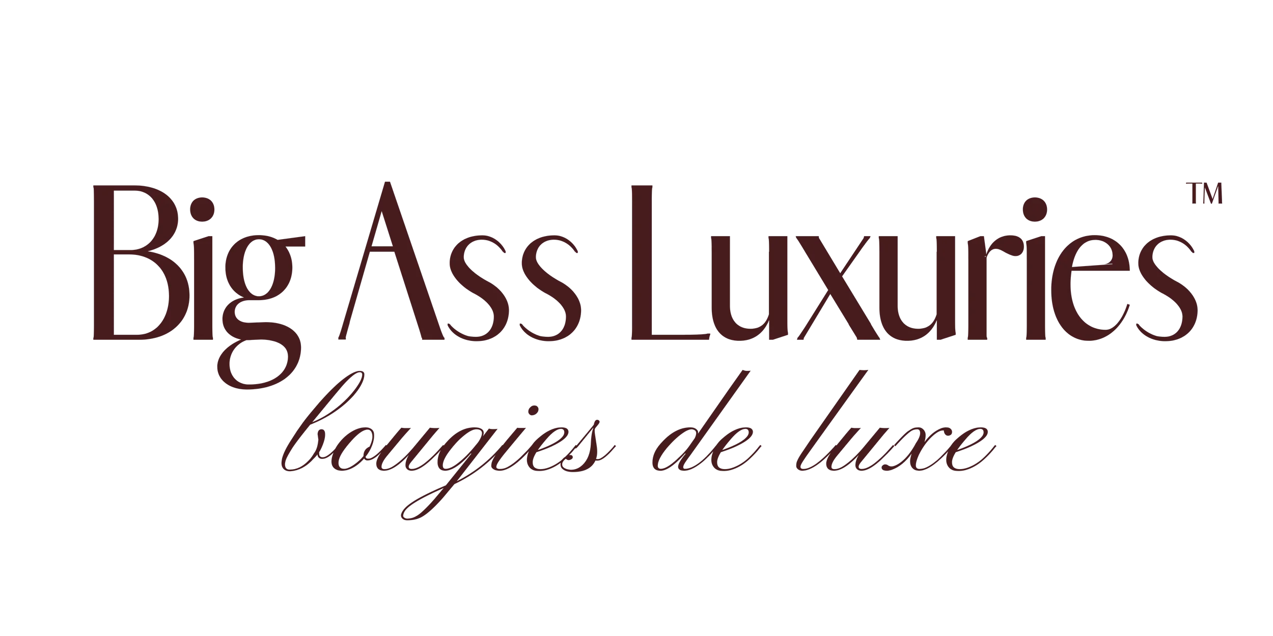 Logo for Big Ass Luxuries, featuring the text 'Big Ass Luxuries' in large, dark red letters and 'bougies de luxe' in smaller, cursive, dark red font beneath.
