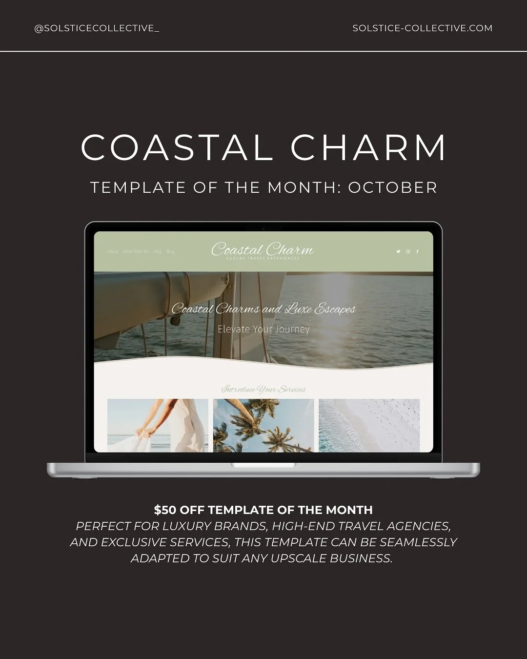 Introducing our Template of the Month: Coastal Charm 🌊✨

Perfect for luxury travel brands, high-end service providers, and businesses that want a polished, elevated online presence. This template is now $50 off for a limited time.

Every purchase in